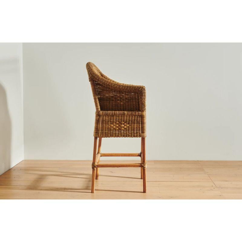 Organic Modern Handwoven Malawi Cane Bar Stool in Classic Weave with White Linen Cushion For Sale