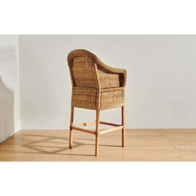 Malawian Handwoven Malawi Cane Bar Stool in Classic Weave with White Linen Cushion For Sale