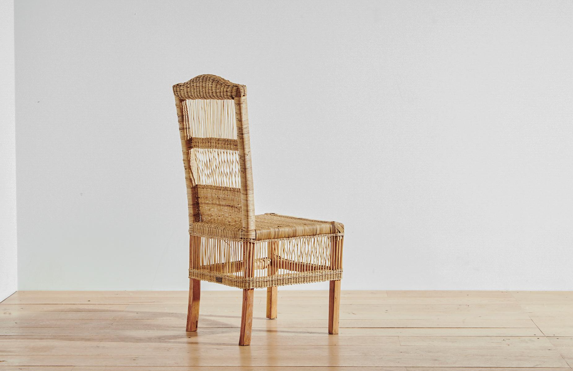 Hand-Woven Handwoven Malawi Cane Dining Chair in Open Weave with White Linen Cushion For Sale