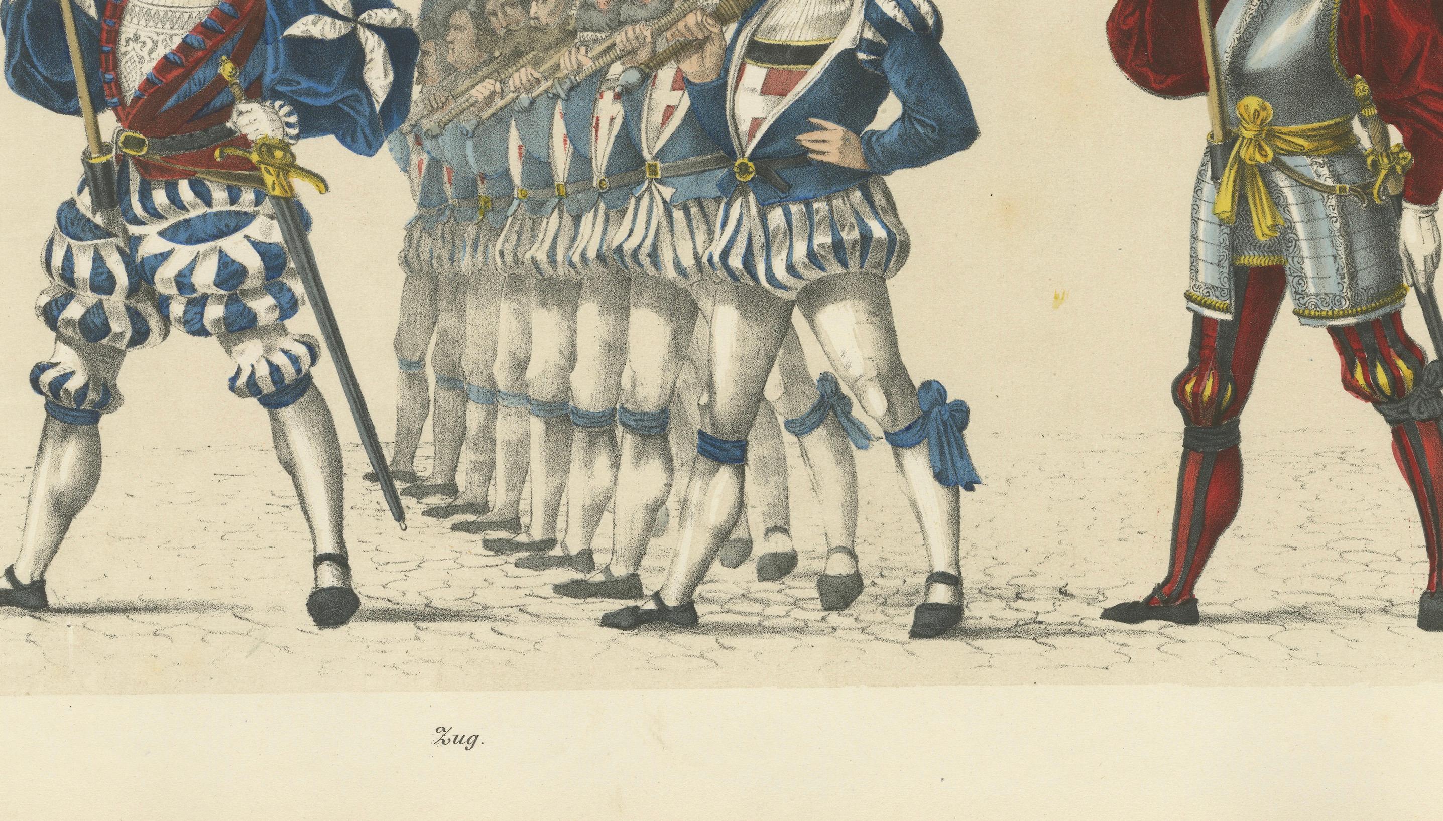 Titre : Les cantons de Zoug et de Berne - Une démonstration éclatante de la fierté militaire et civique de la Suisse  

Description : Cette lithographie détaillée, coloriée à la main, fait partie de l'Album des fêtes célébrant l'entrée de Berne dans