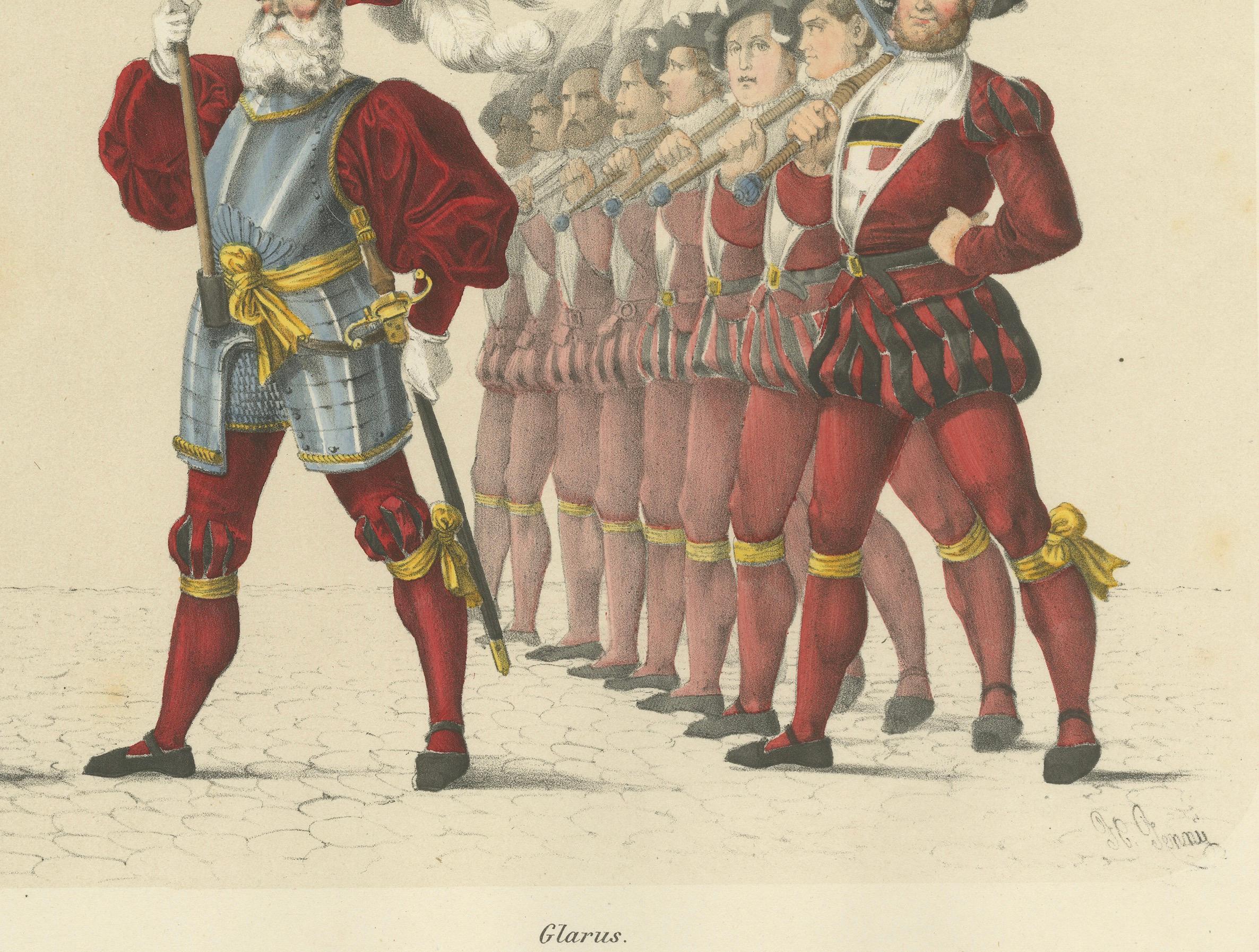 Les cantons de Zurich et de Glaris - Un cortège symbolique de puissance et de foi  

Cette lithographie finement détaillée et coloriée à la main fait partie de l'Album des fêtes célébrant l'entrée de Berne dans la Confédération suisse le 6 mars