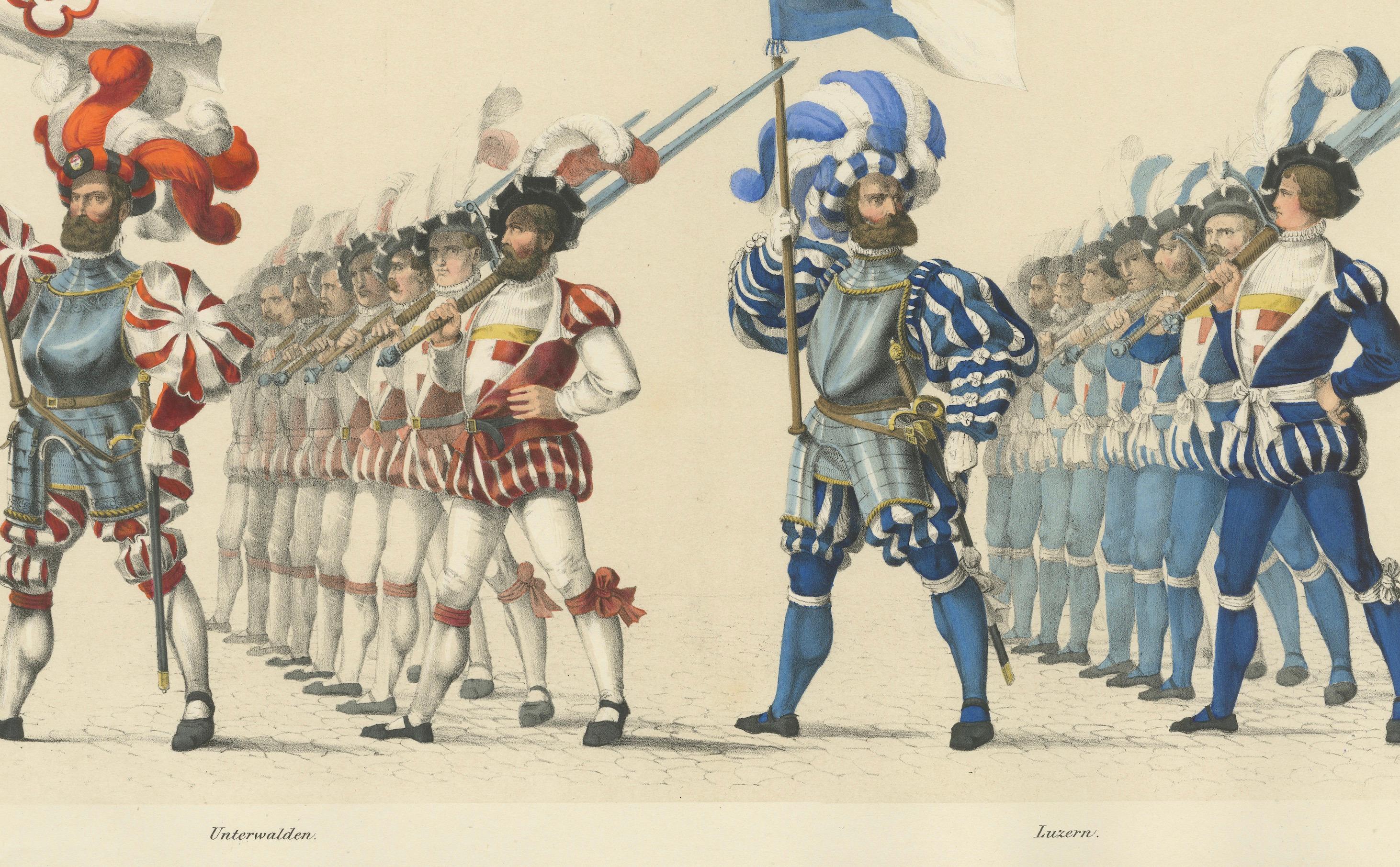 The Cantons of Unterwalden and Lucerne – A Display of Swiss Unity and Tradition  

Description:  This impressive hand-colored lithograph is part of the Fest Album Celebrating Bern’s Entry into the Swiss Confederation on March 6, 1353, Commemorated