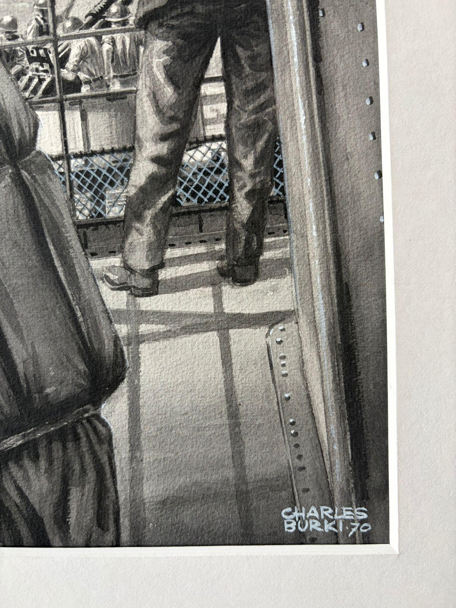 Die Verzweiflung des Kapitäns - Seekriegsillustration von Charles Burki, 1970

Diese dramatische Original-Gouache-Illustration von Charles Burki (1909-1994), signiert und datiert 1970, fängt einen brennenden Moment menschlicher Emotionen inmitten