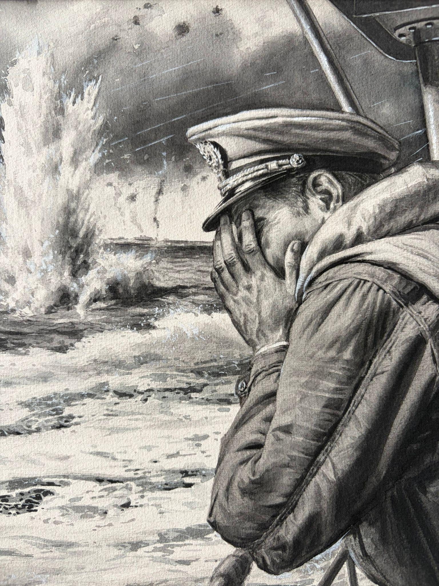 Die Verzweiflung des Kapitäns - Seekriegsillustration von Charles Burki, 1970 im Zustand „Gut“ im Angebot in Langweer, NL