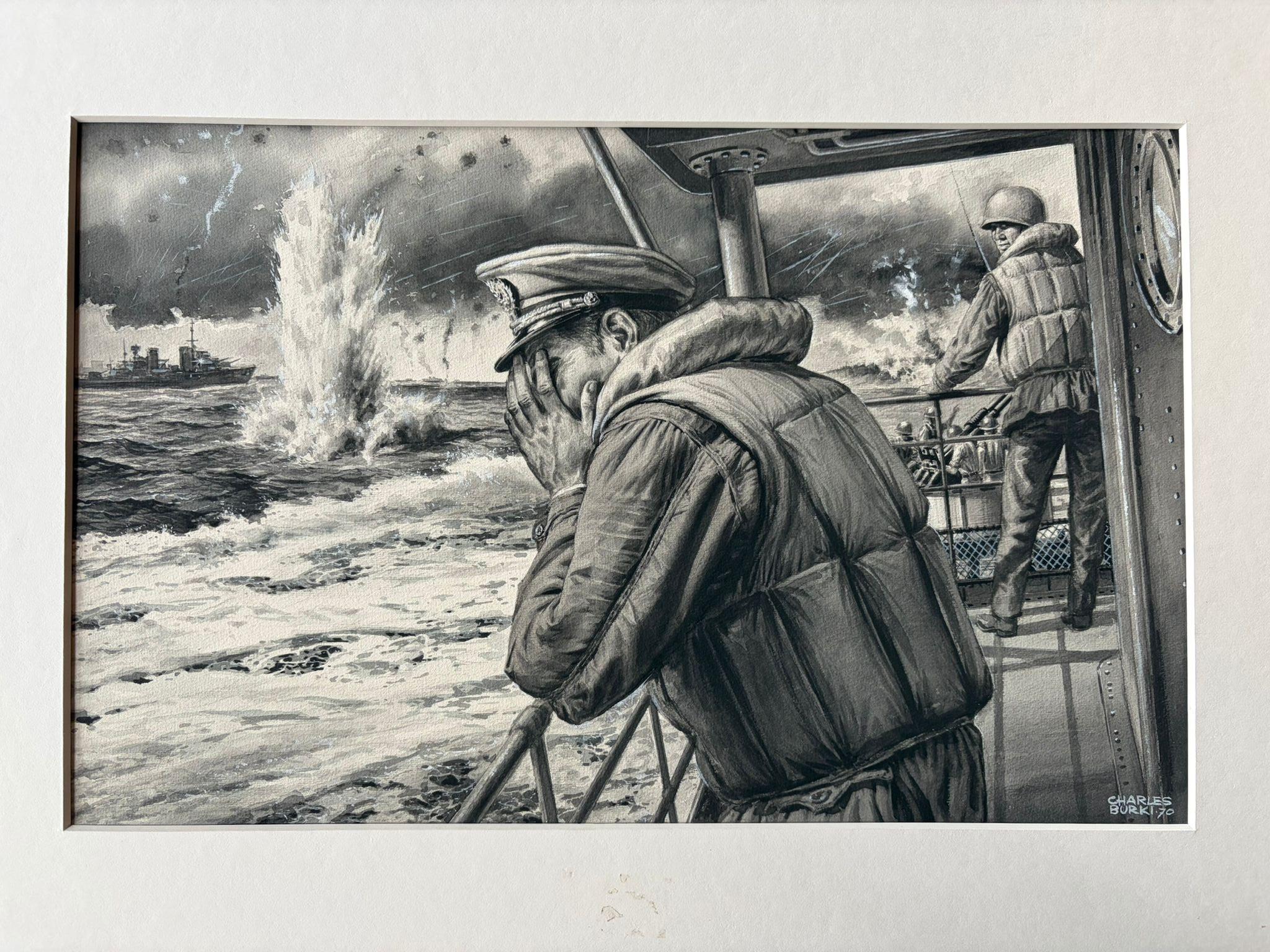 Die Verzweiflung des Kapitäns - Seekriegsillustration von Charles Burki, 1970 (Papier) im Angebot