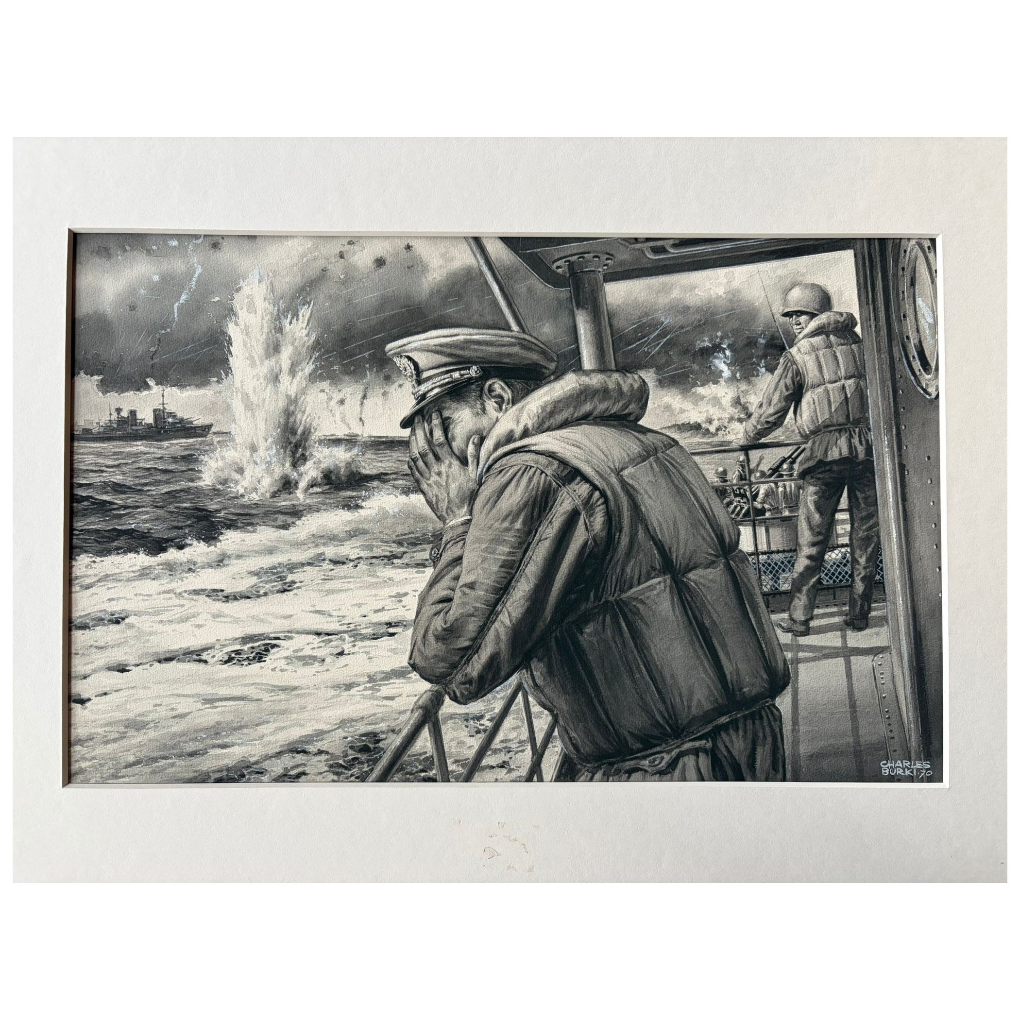 Le désespoir du capitaine - Illustration de guerre navale par Charles Burki, 1970