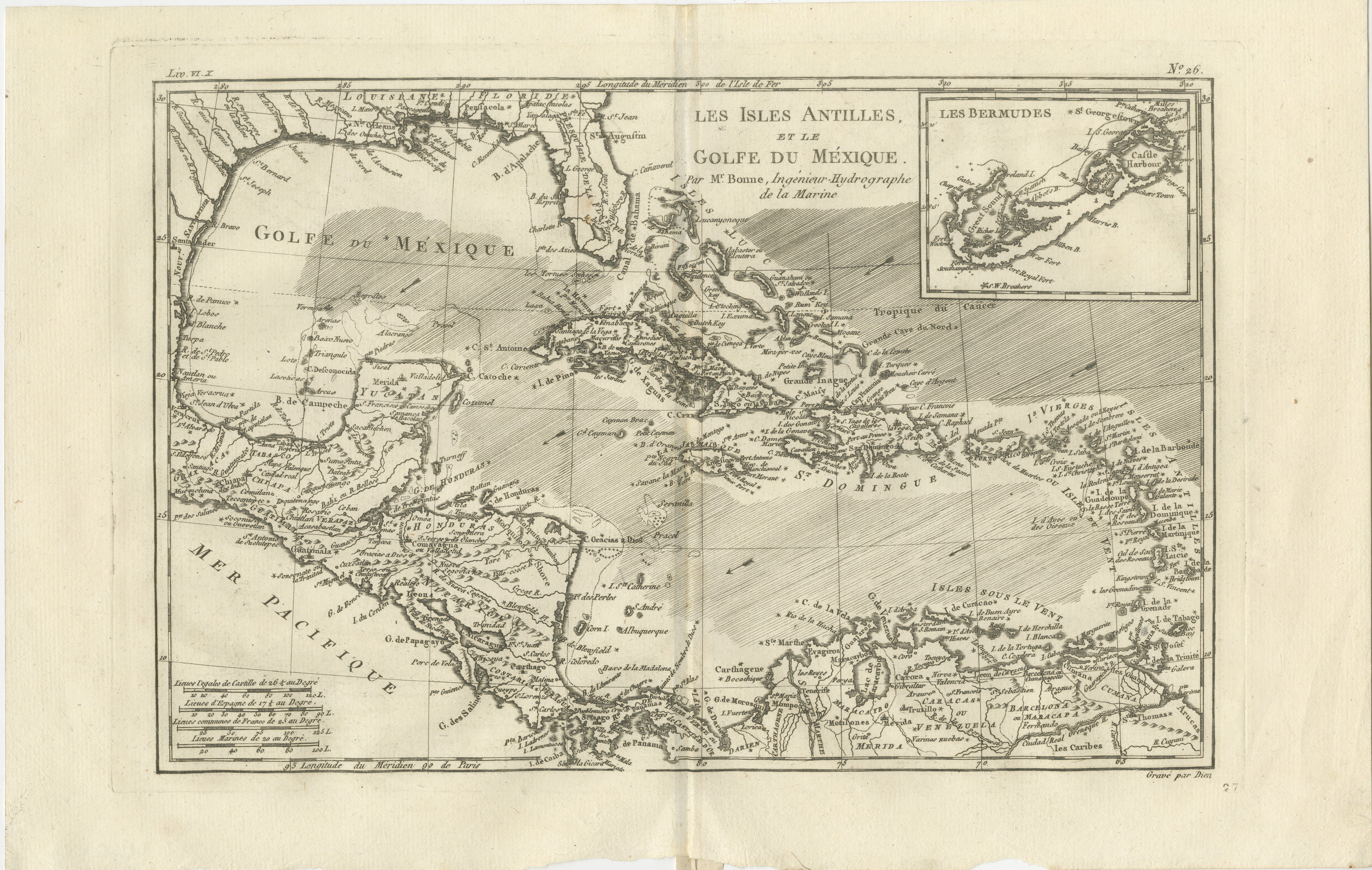 Caraibi e Golfo del Messico - Mappa delle Antille di Rigobert Bonne, 1780 ca.