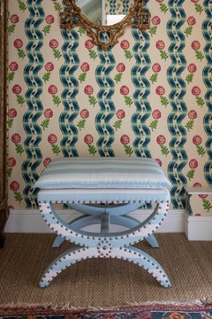 The Carla Stool, Diphros/Sella Curulis inspired, upholstered in blue stripe silk