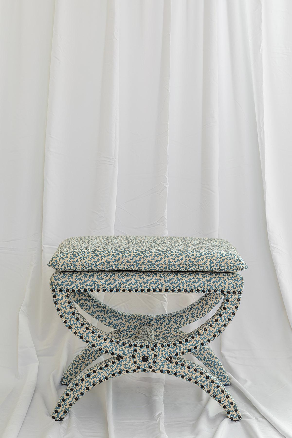 Portuguese The Carla Stool, Diphros/Sella Curulis inspired, upholstered in Seaweed Aqua For Sale