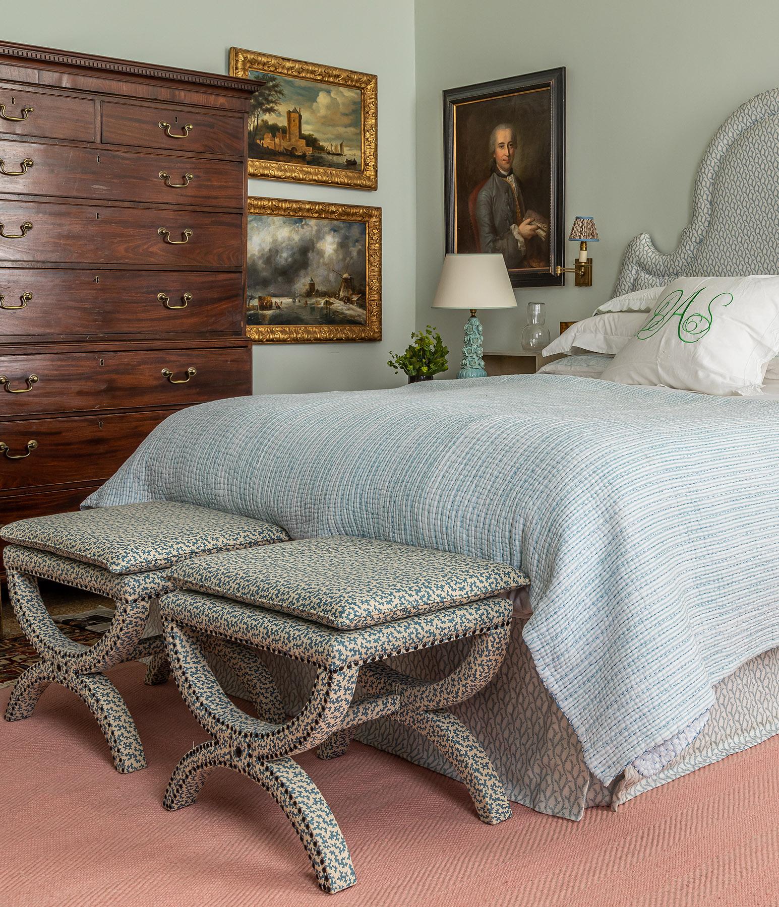 Hand-Crafted The Carla Stool, Diphros/Sella Curulis inspired, upholstered in Seaweed Aqua For Sale