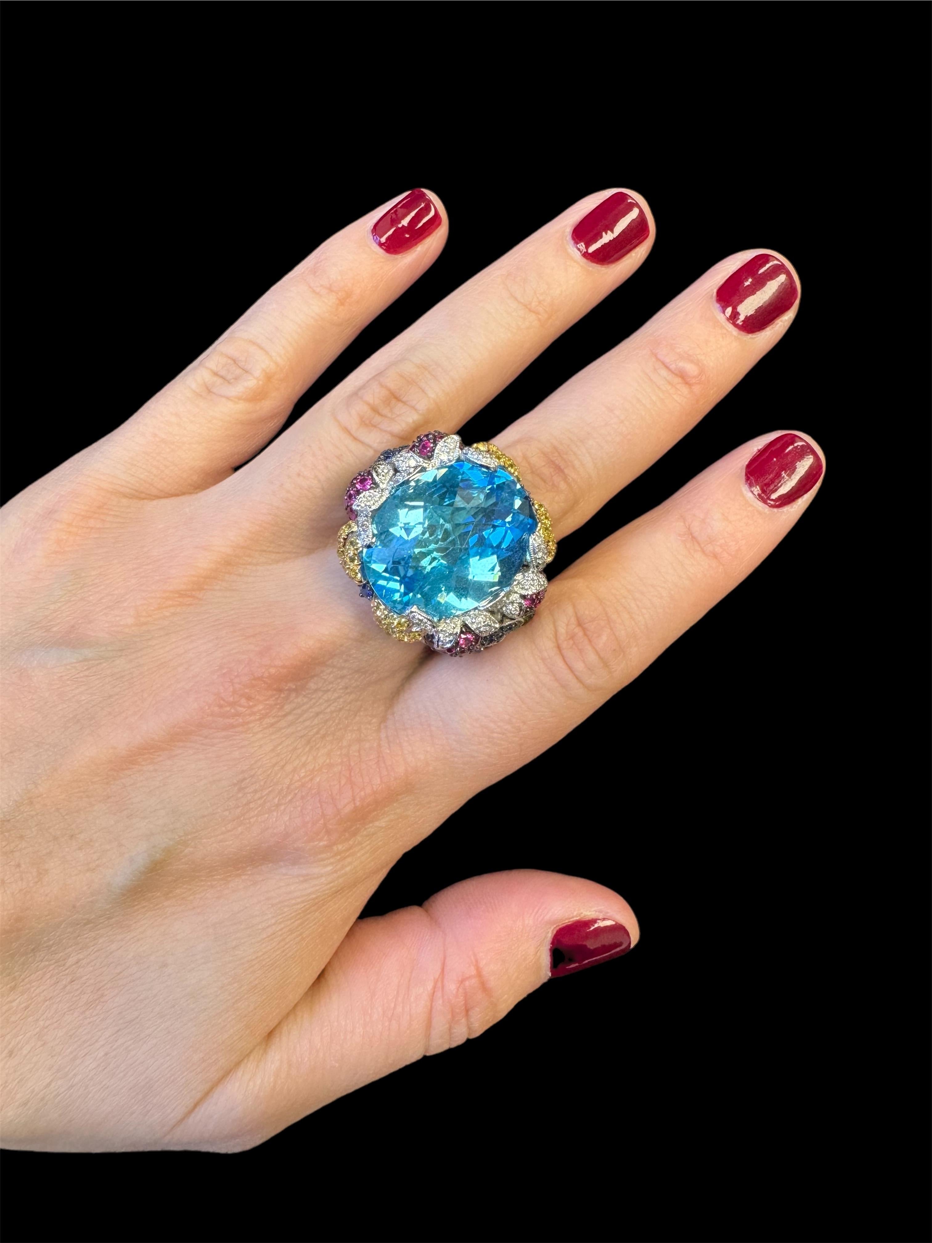 Oval Cut 14K White Gold Checkerboard Cut Blue Topaz and Multi Gem and Diamond Ring For Sale