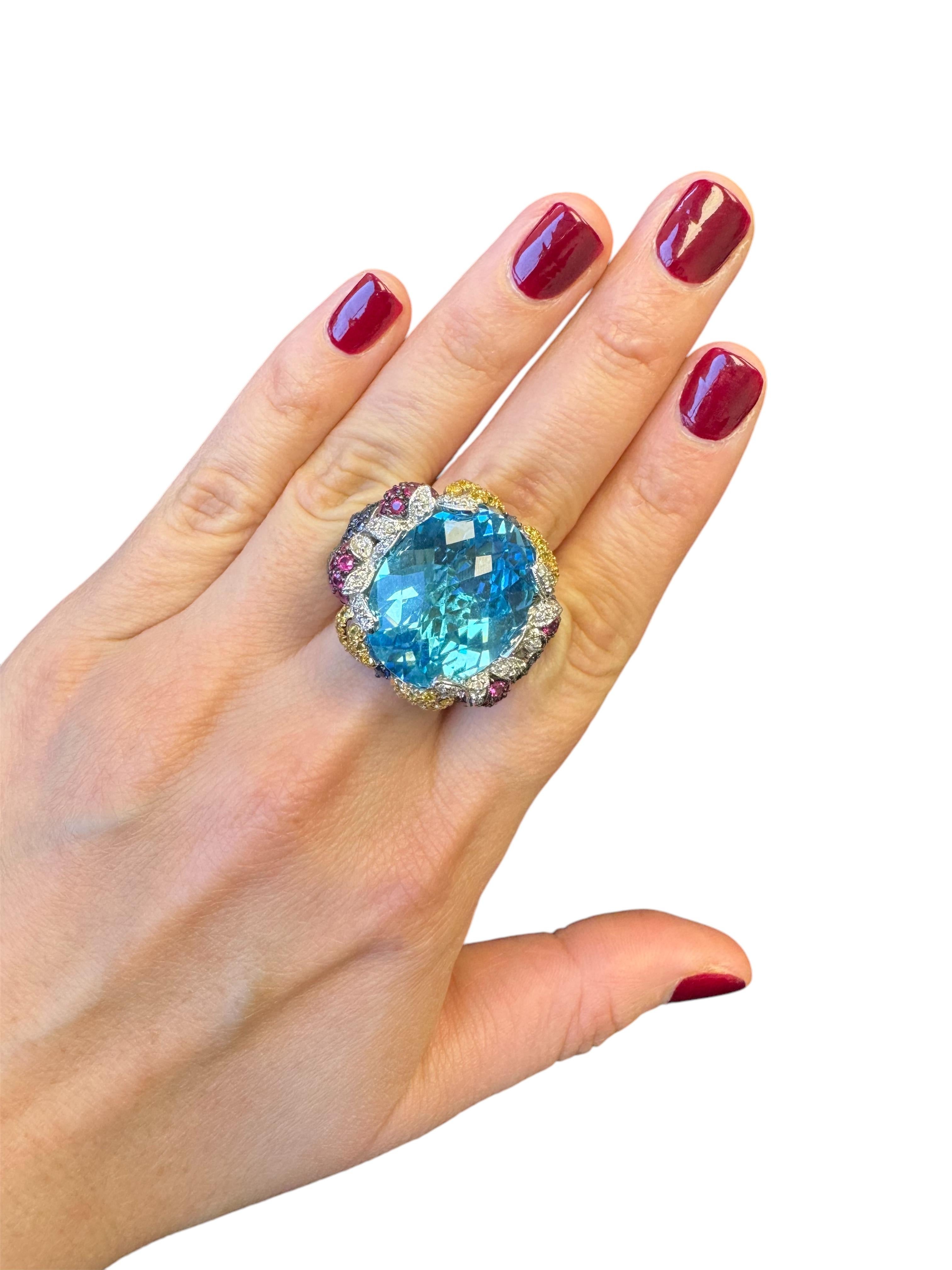 14K White Gold Checkerboard Cut Blue Topaz and Multi Gem and Diamond Ring In Excellent Condition For Sale In Great Neck Plaza, NY