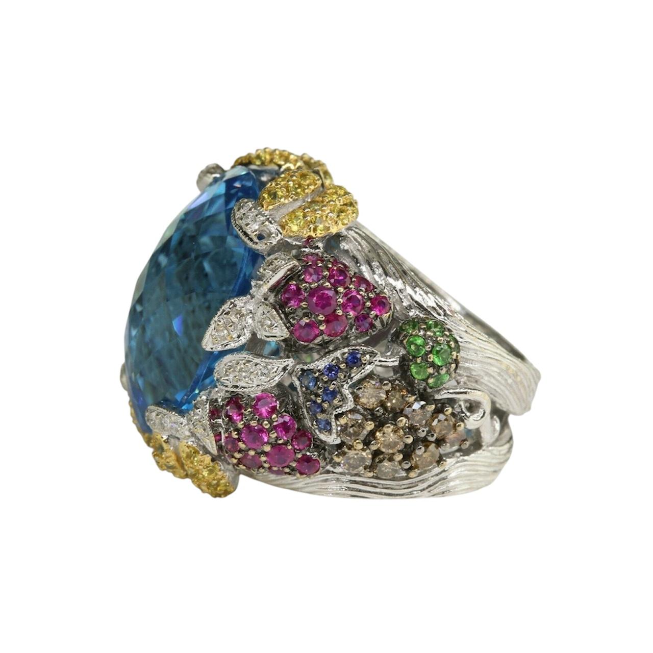 Women's 14K White Gold Checkerboard Cut Blue Topaz and Multi Gem and Diamond Ring For Sale