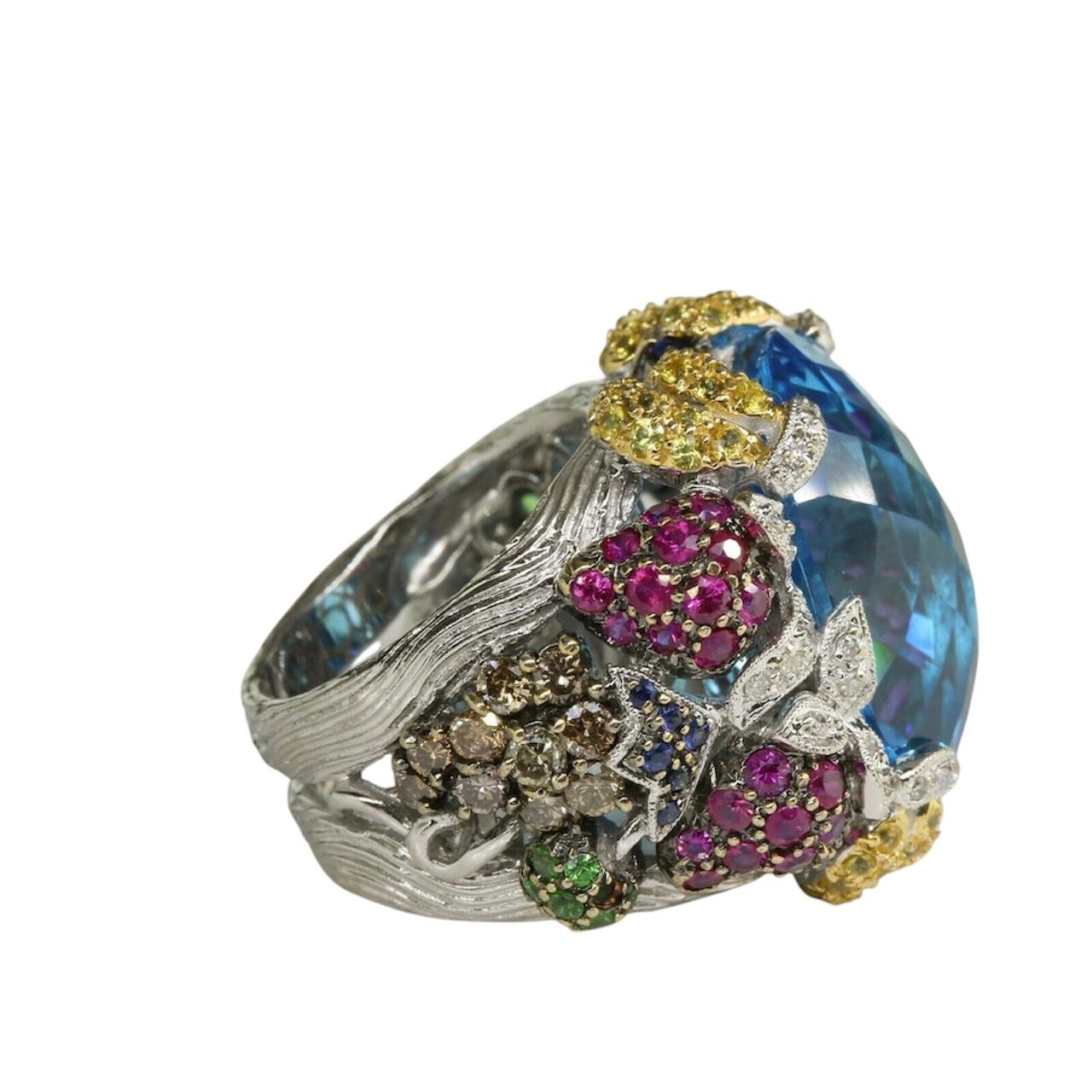 14K White Gold Checkerboard Cut Blue Topaz and Multi Gem and Diamond Ring For Sale 1