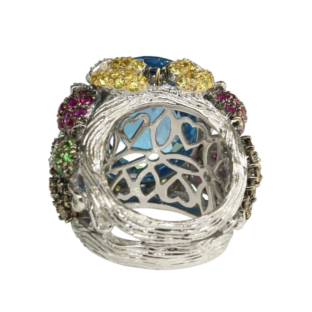 14K White Gold Checkerboard Cut Blue Topaz and Multi Gem and Diamond Ring For Sale 2