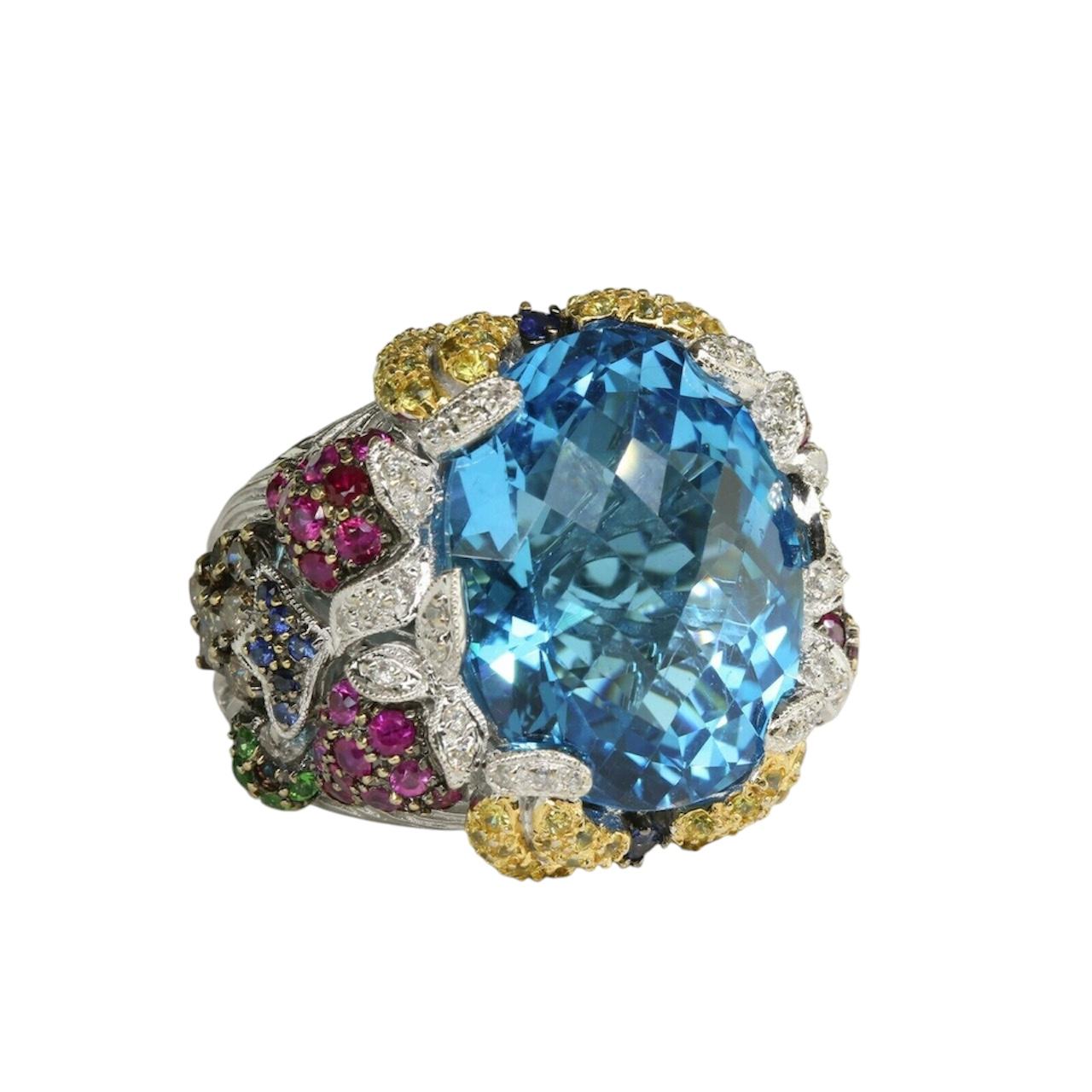 14K White Gold Checkerboard Cut Blue Topaz and Multi Gem and Diamond Ring For Sale 3