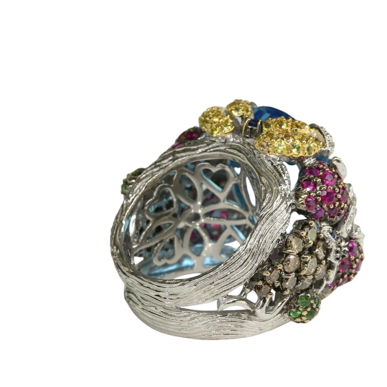 14K White Gold Checkerboard Cut Blue Topaz and Multi Gem and Diamond Ring For Sale 4