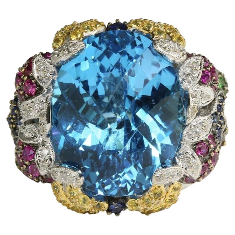 14K White Gold Checkerboard Cut Blue Topaz and Multi Gem and Diamond Ring