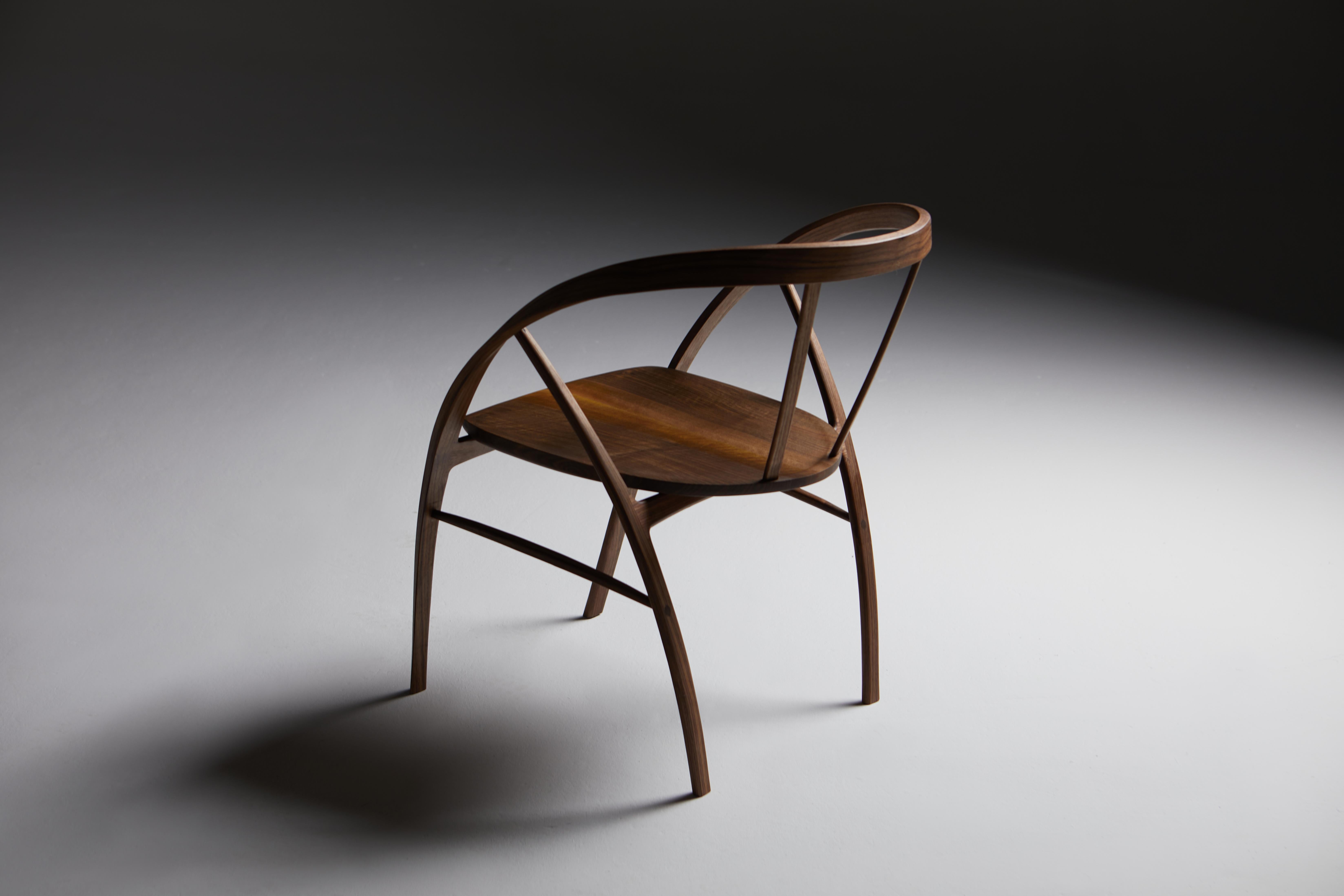 The Carol chair is a new design just completed in autumn 2021. 
The chair is handmade using bent walnut with the seat of English walnut. 
