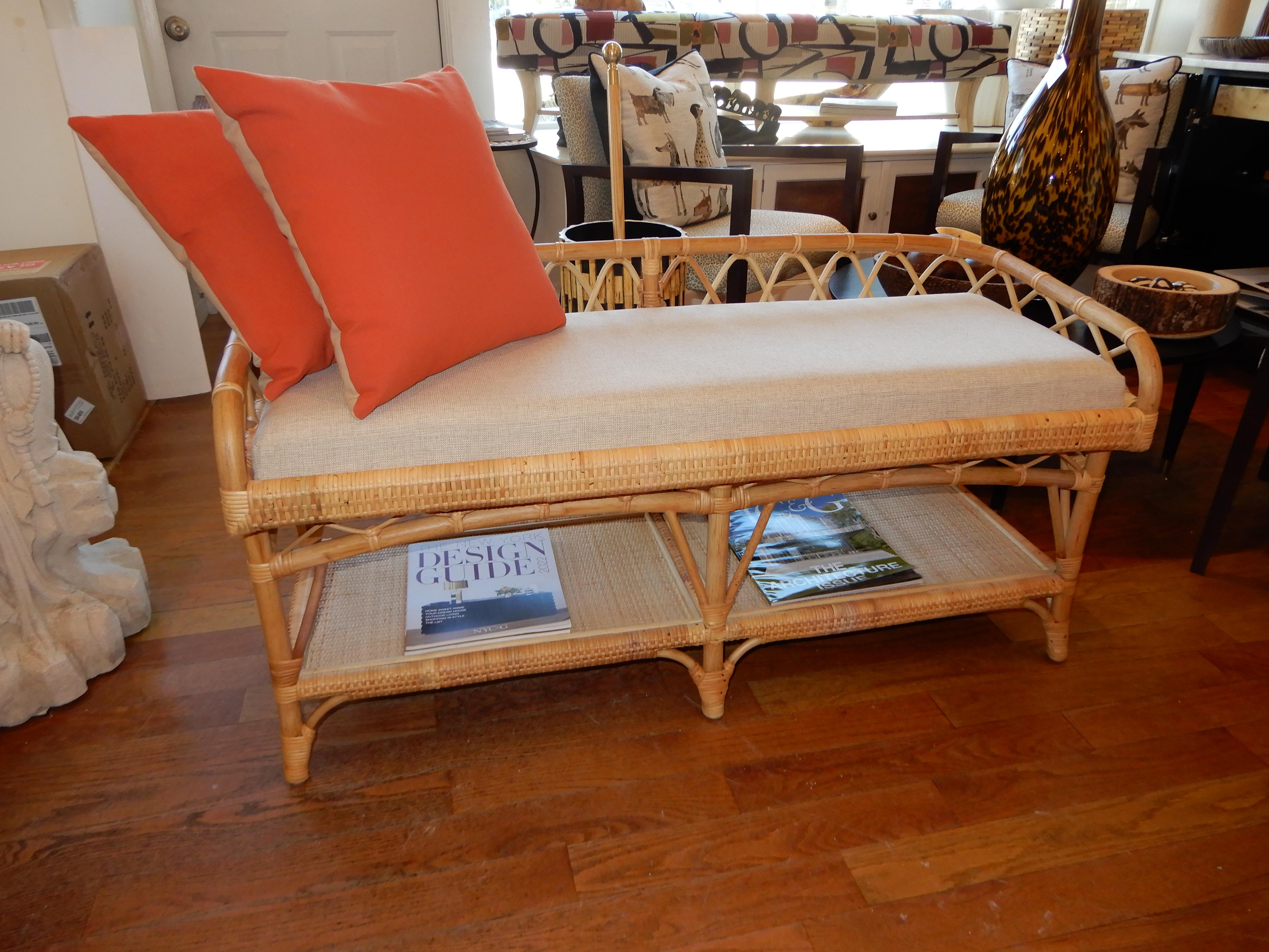 Linen Carolina Bamboo & Cane Bench For Sale