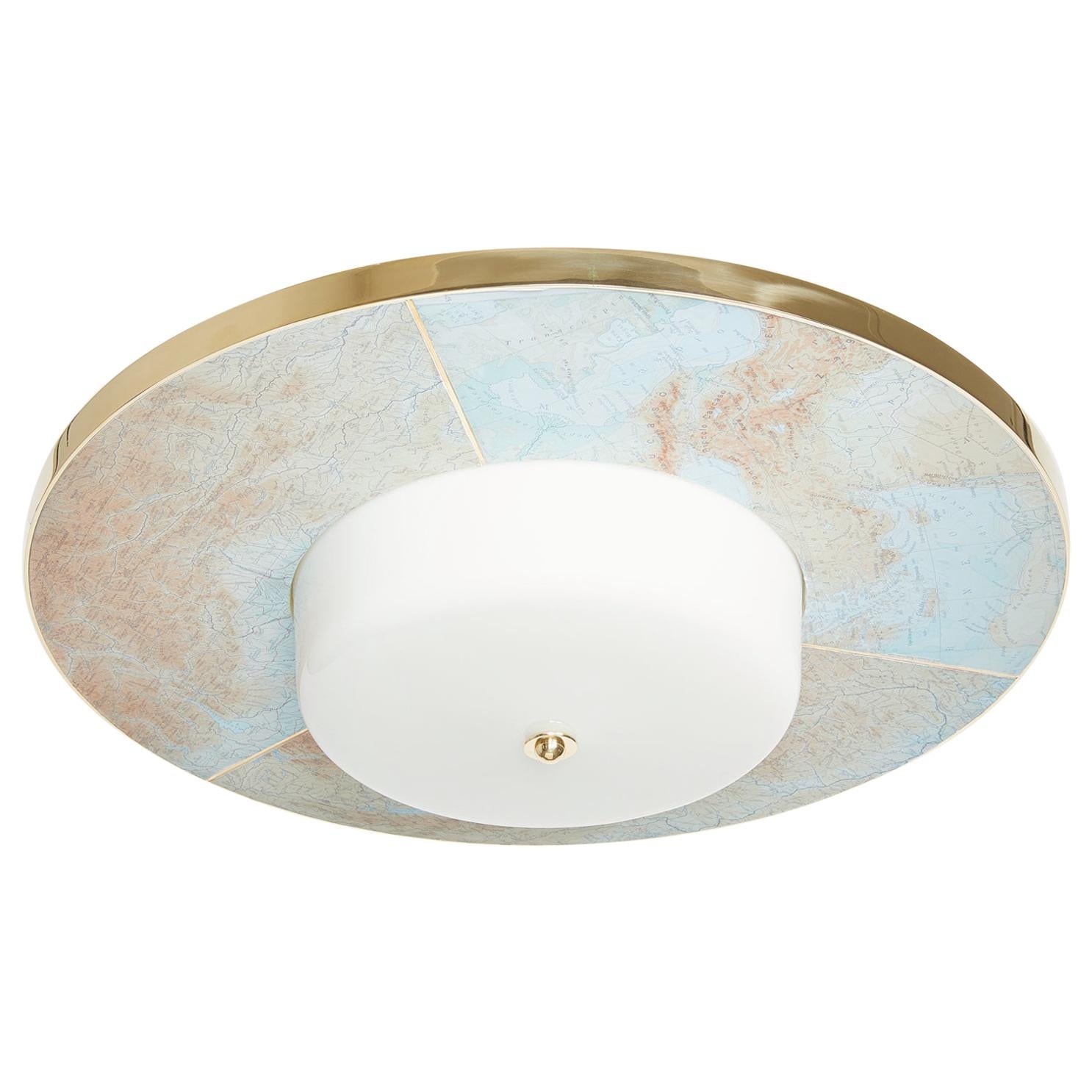 The Carta Flush Mount by David Duncan, Polished Brass, White Glass Light Fixture For Sale