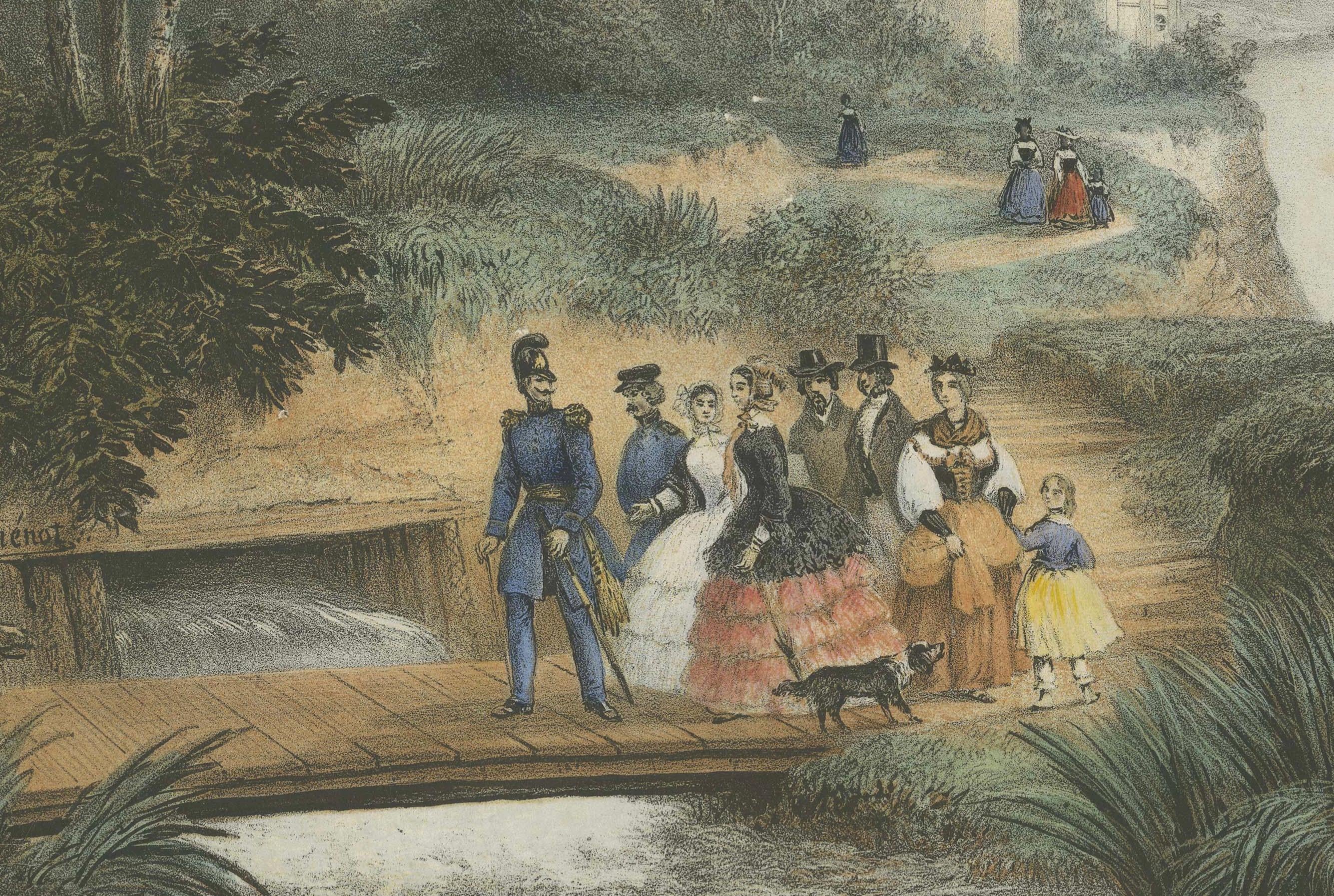 El castillo de Stolzenfels en el Rin, gran cromolitografía, 1840 en Bueno estado para la venta en Langweer, NL
