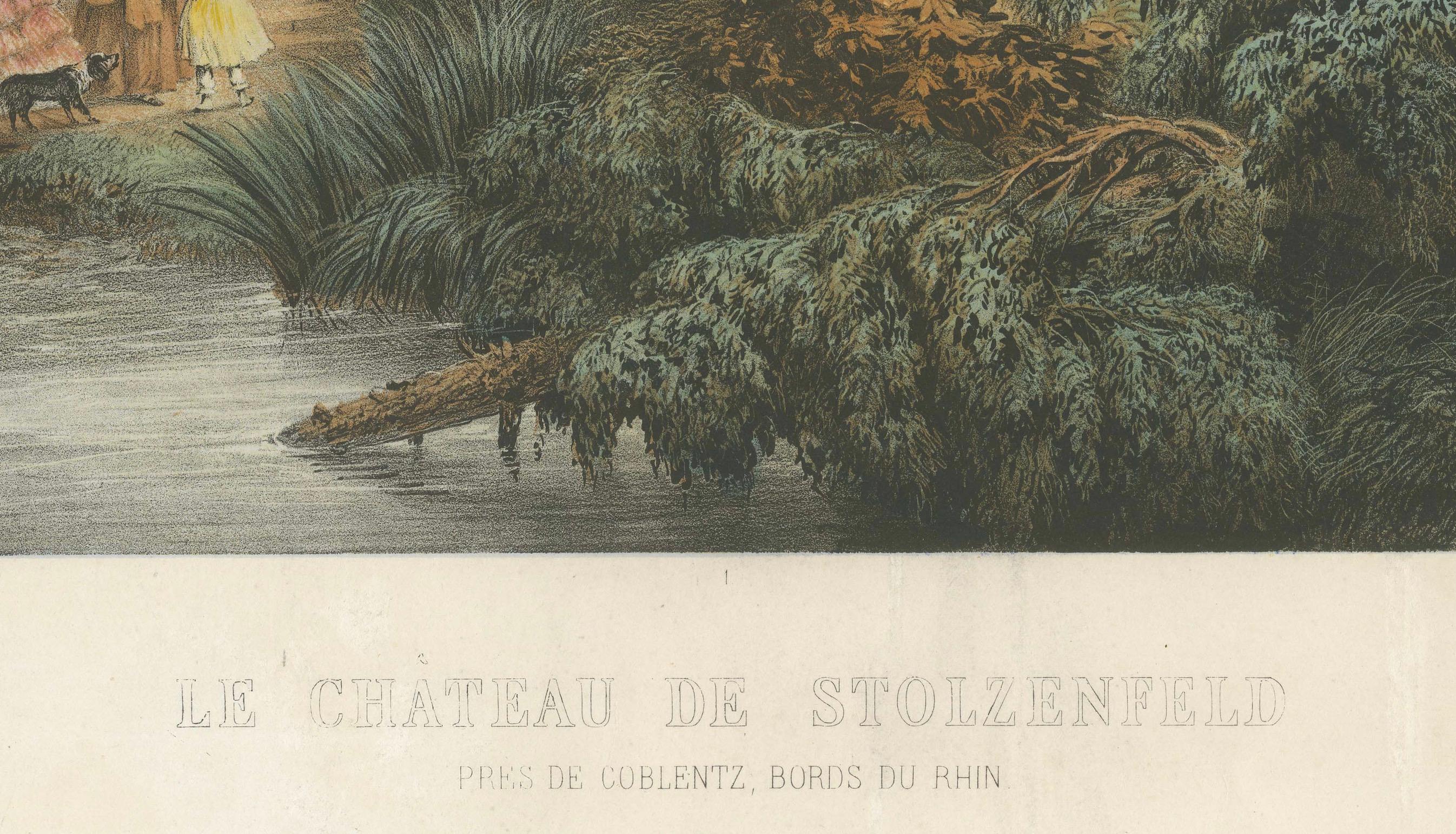 El castillo de Stolzenfels en el Rin, gran cromolitografía, 1840 Papel en venta