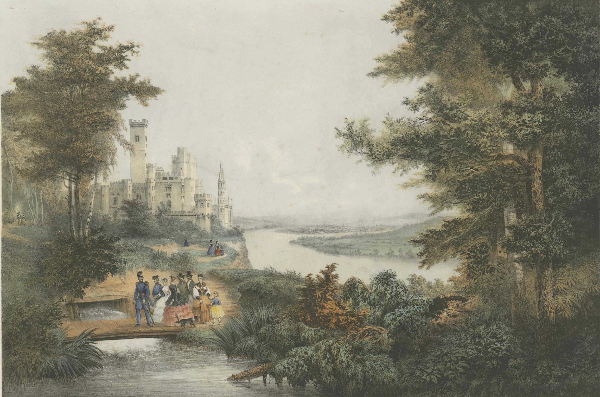 El castillo de Stolzenfels en el Rin, gran cromolitografía, 1840 en venta 1