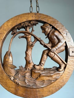 "The Catch" Unique Hand-Carved Fisherman Scene Chandelier, Lodge Art Light, 1920