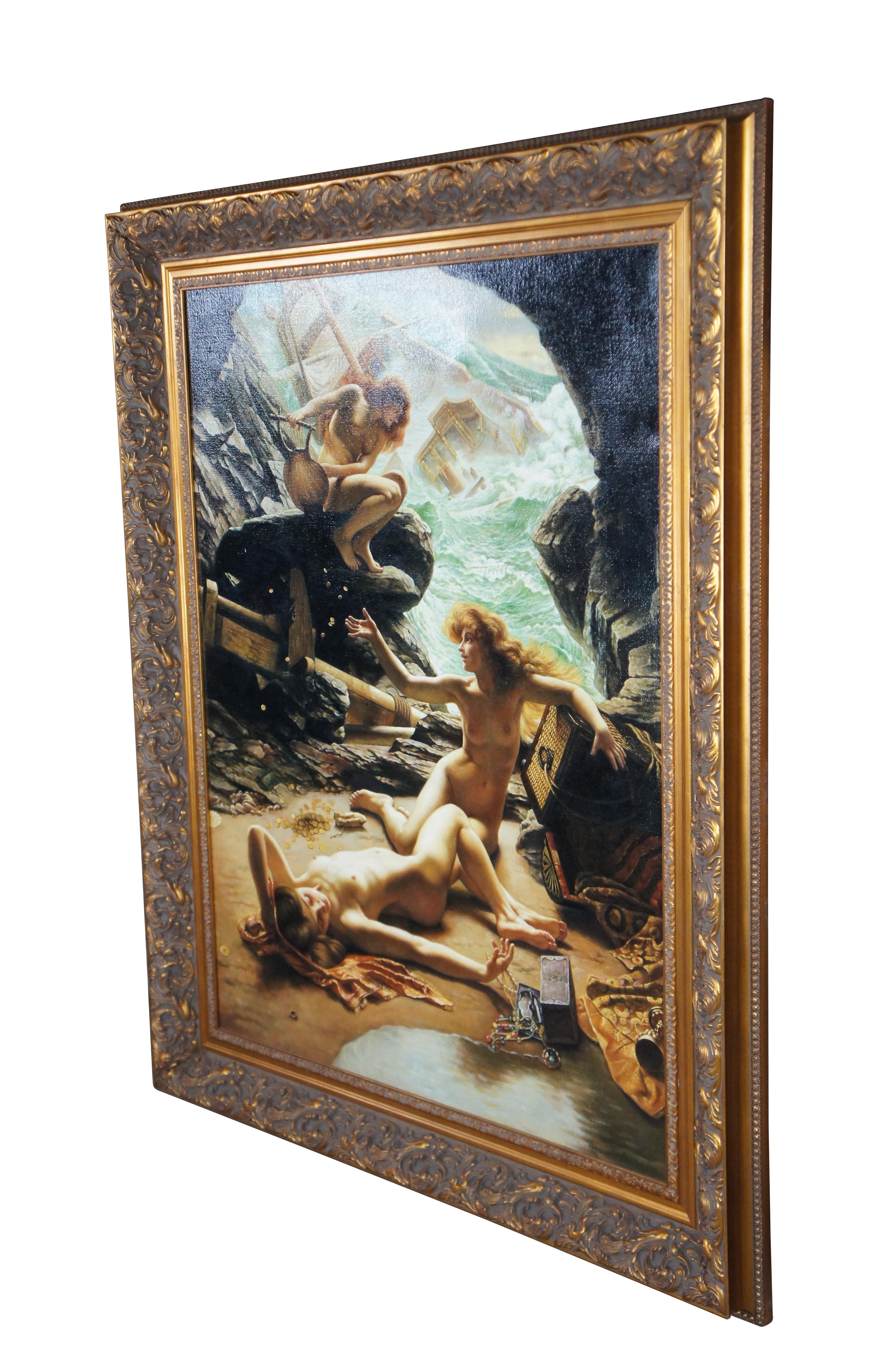 La Grotta delle Ninfe della Tempesta di Edward Poynter Riproduzione dipinta a mano di grande formato.  Olio su tela, incorniciato.  Raffigura tre Sirenes nude che attirano le navi con i marinai verso la loro fine e ne rubano la taglia. 