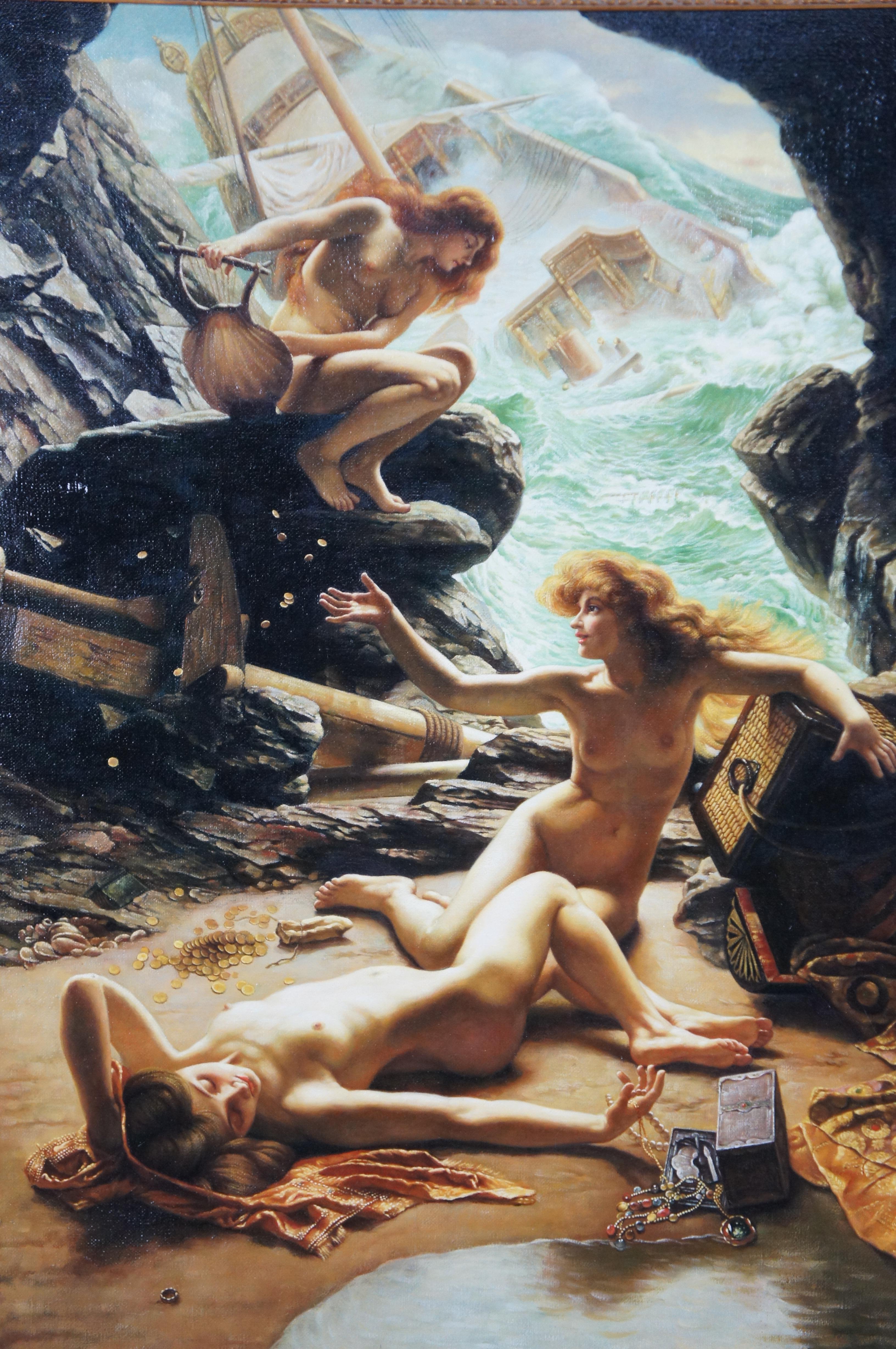 La Grotta delle Ninfe della Tempesta Pittura a olio Edward Poynter Sirenes Barche Tesoro In condizioni buone a Dayton, OH
