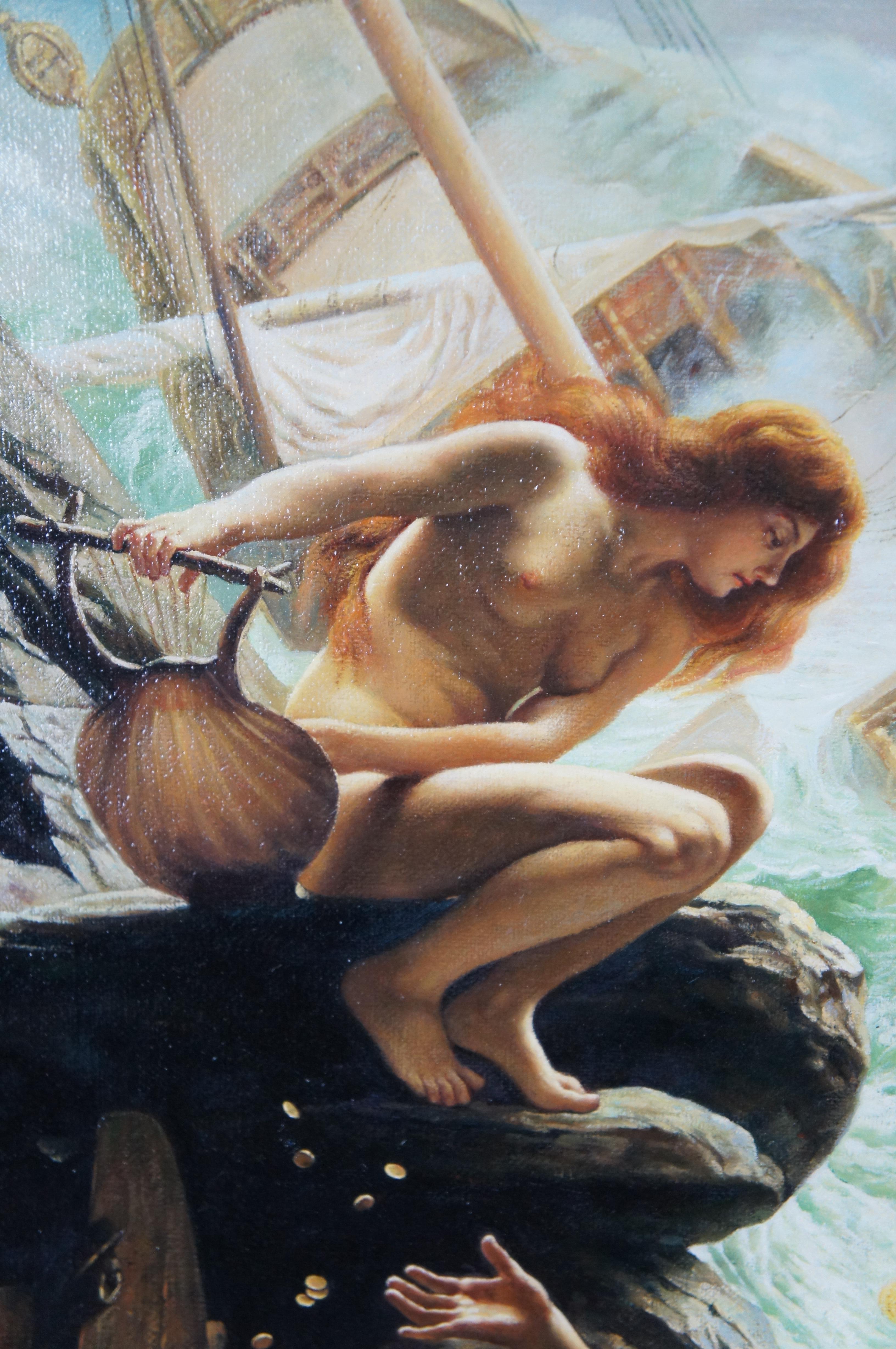XX secolo La Grotta delle Ninfe della Tempesta Pittura a olio Edward Poynter Sirenes Barche Tesoro