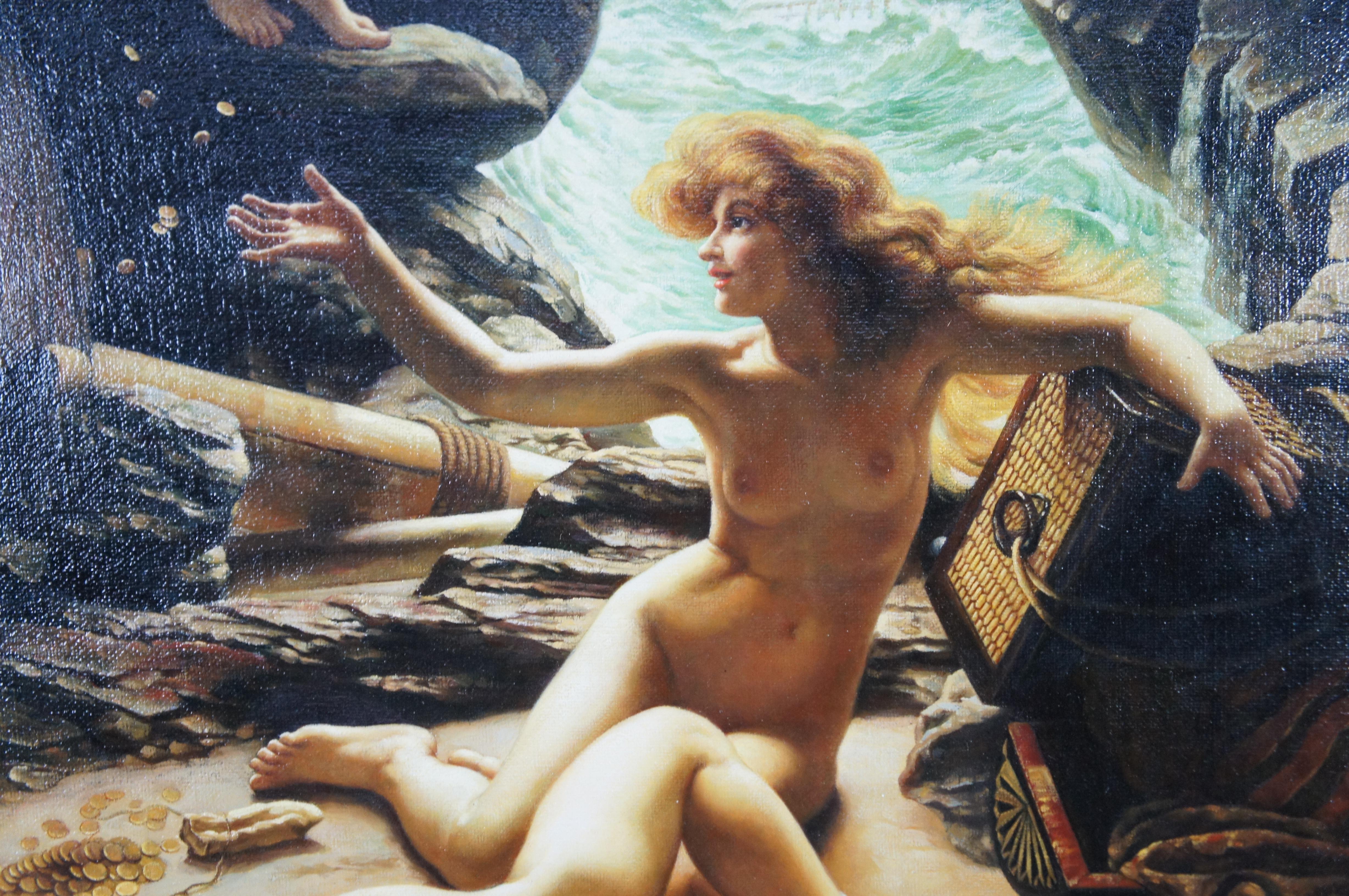 Tela La Grotta delle Ninfe della Tempesta Pittura a olio Edward Poynter Sirenes Barche Tesoro