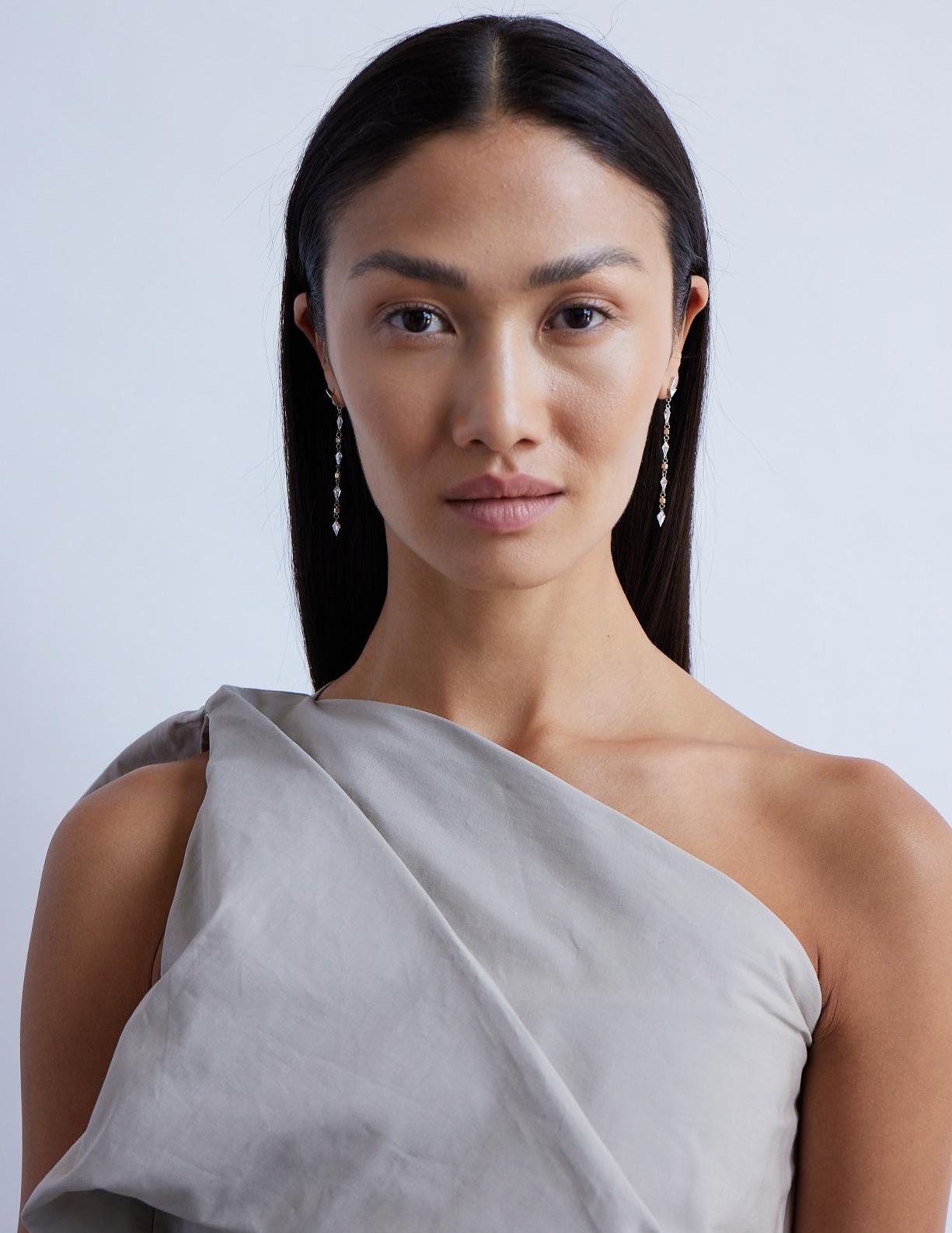 The Cecil Earrings : A sculptural expression of modern deco, The Cecil Earrings are crafted in 18K white gold and feature a total of 3.5 carats of hand-selected kite-shaped white diamonds. Designed with architectural clarity, each earring begins at