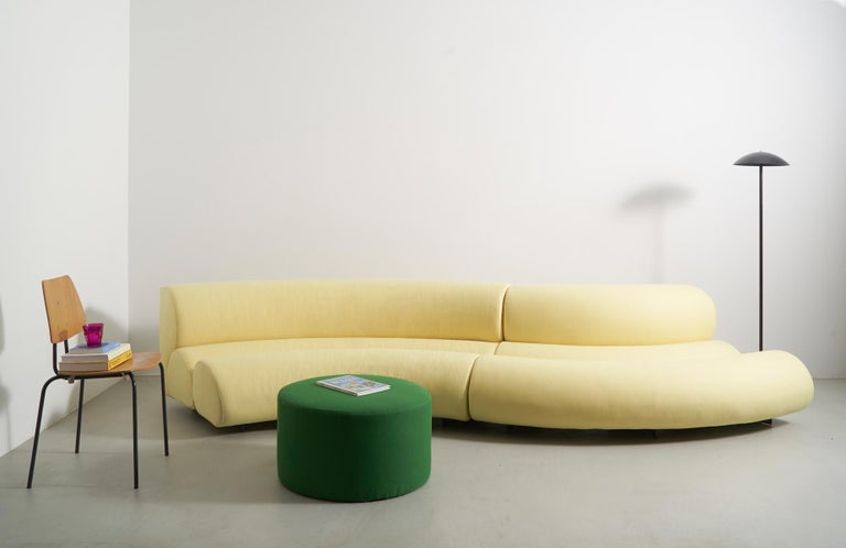 Contemporary Modern Celeste Curved Sofa in Yellow Wool Felt and Black Metal Base For Sale 5