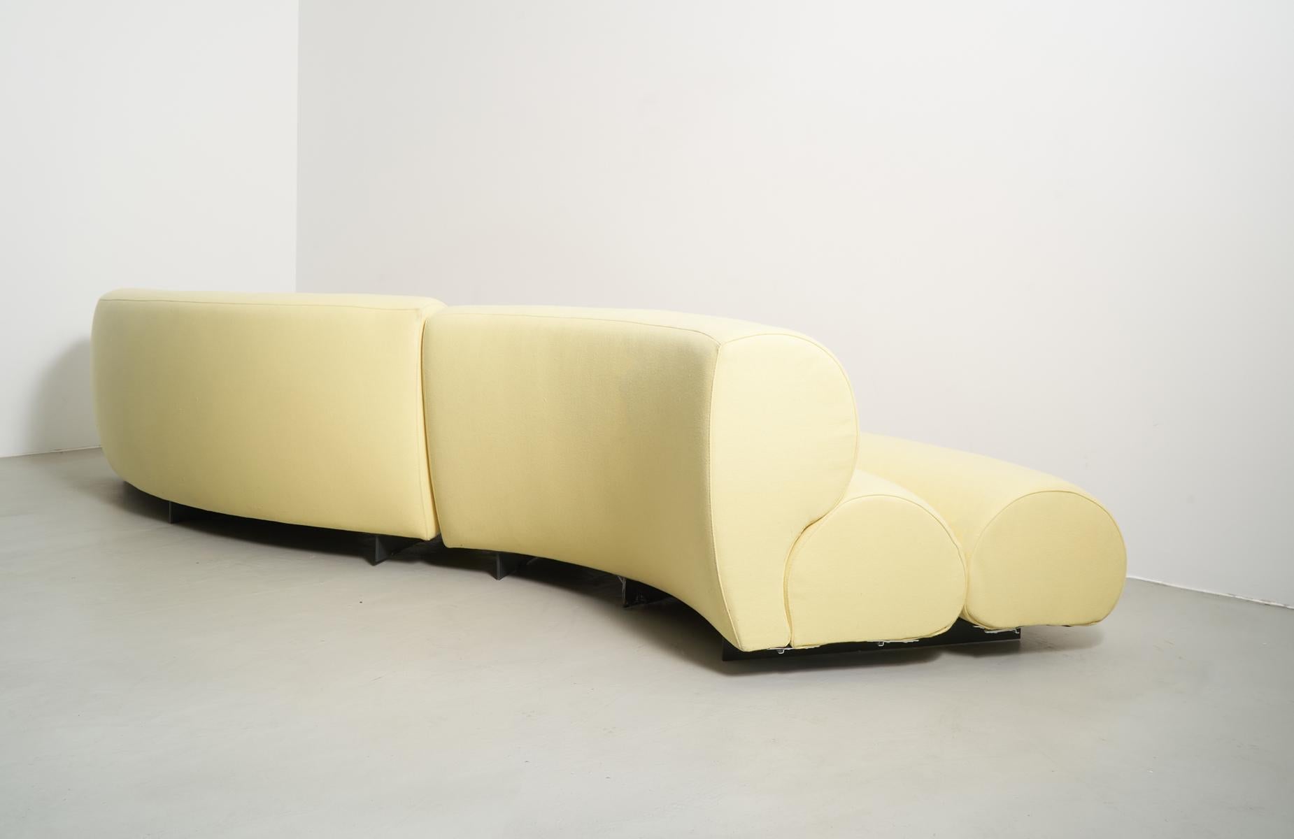 American Contemporary Modern Celeste Curved Sofa in Yellow Wool Felt and Black Metal Base For Sale