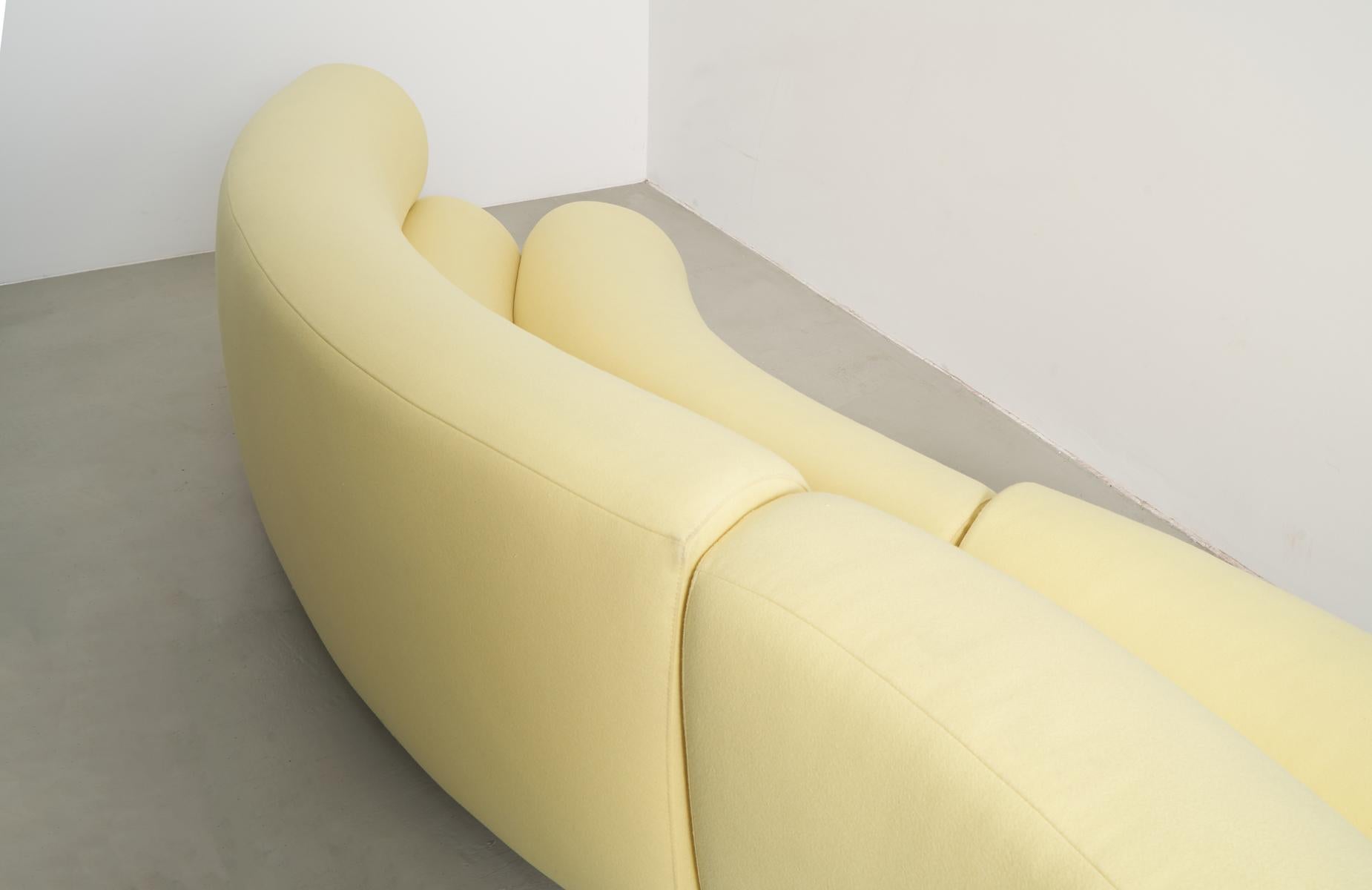 Contemporary Modern Celeste Curved Sofa in Yellow Wool Felt and Black Metal Base In Excellent Condition For Sale In Brooklyn, NY