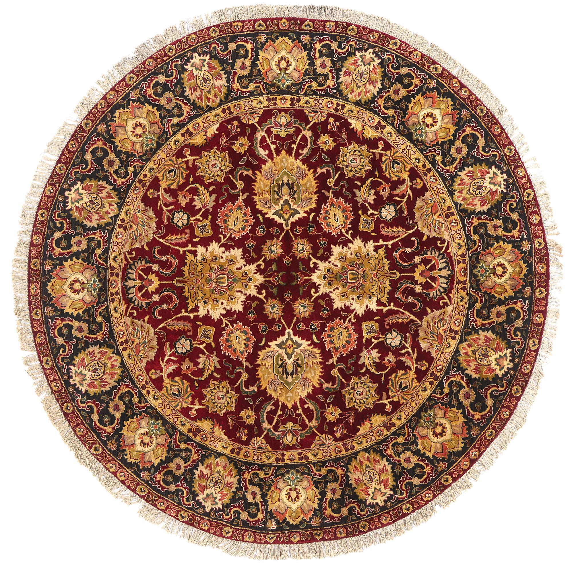 Le cercle céleste : Un Oushak indien vintage cramoisi d
une élégance impériale en vente