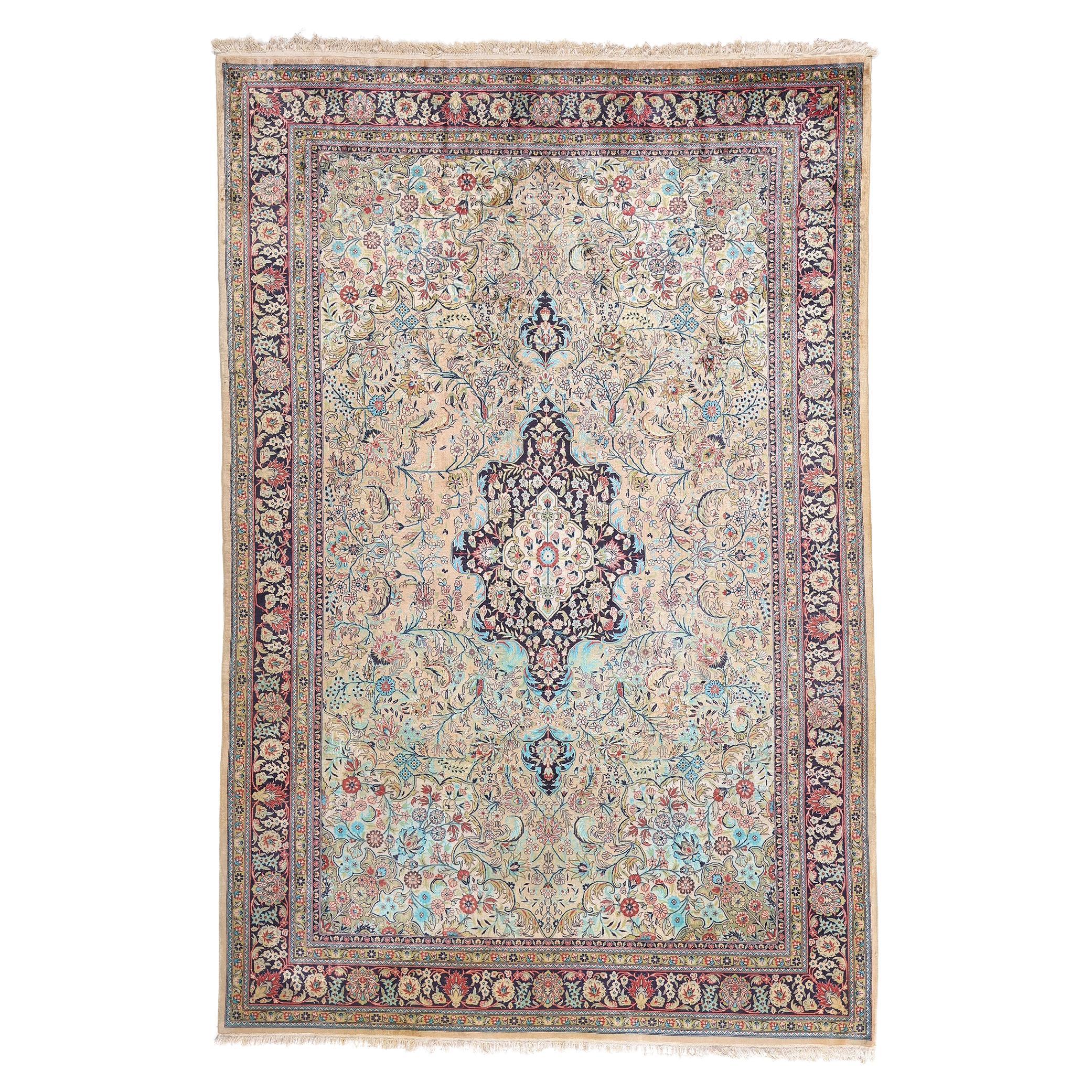 The Celestial Garden: A Vintage Persian Silk Qum Masterpiece of Courtly Elegance For Sale