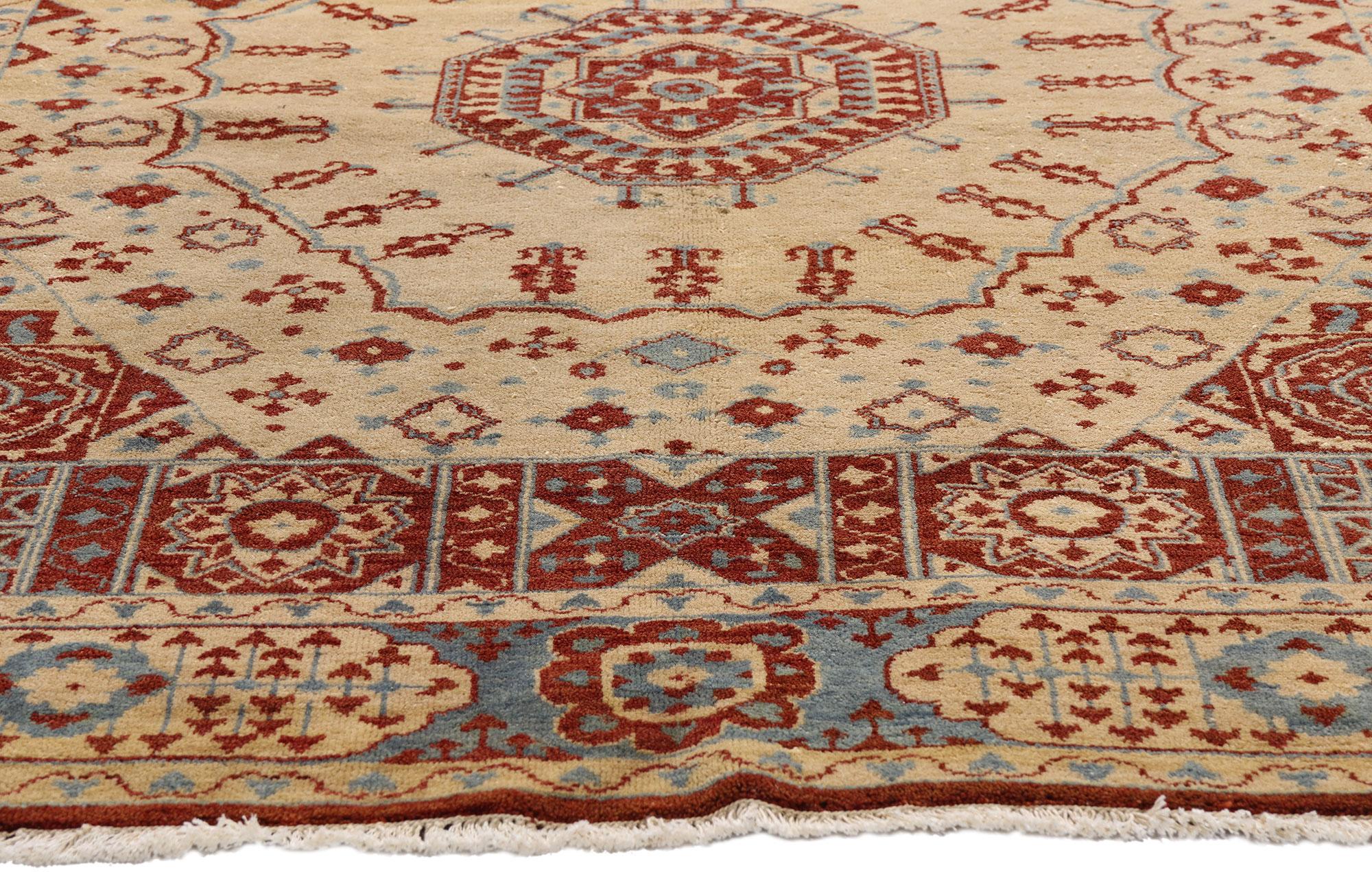 79260 Tappeto Vintage Oushak turco, 05'02 x 07'00. Tessuto nella culla dell'arte anatolica, questo tappeto vintage turco Oushak in lana annodato a mano è un gioiello di raffinatezza storica, un cimelio che incarna sia la geometria sacra che il lusso