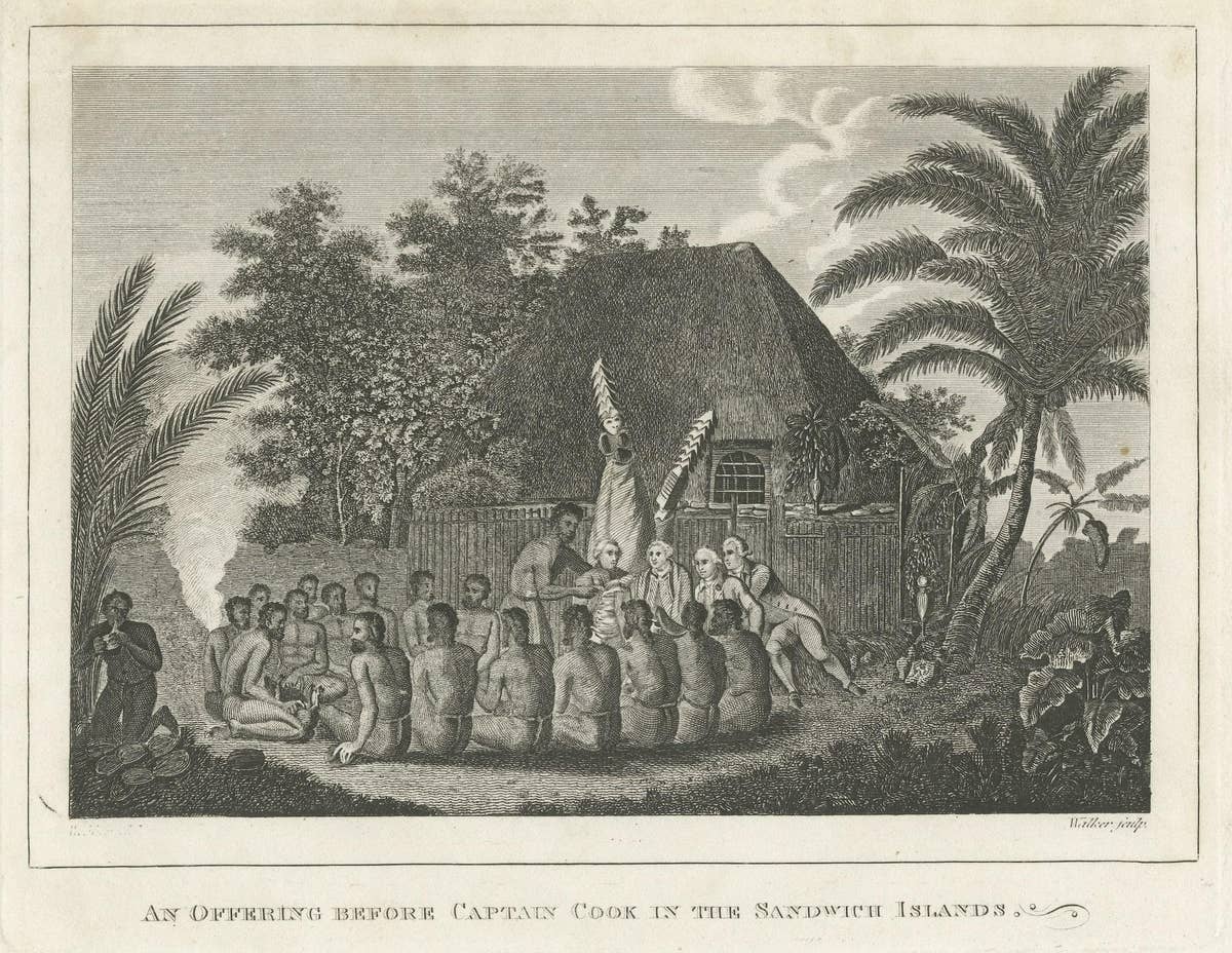 The Ceremonial Offering to Captain Cook in Hawaii, Engraved in 1778