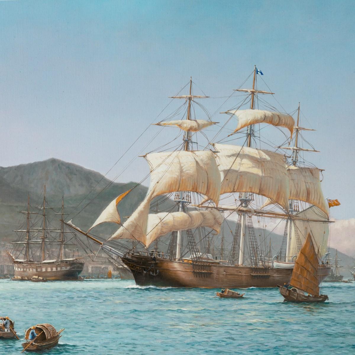 The Challenger Arrives off Kowloon Hong Kong, 23 May 1856, by Rodney Charman dated 1989, oil on canvas showing a large clipper under sail, junks and sampans, one unloading on a quay in the foreground while numerous other 3-masted ships lie at anchor