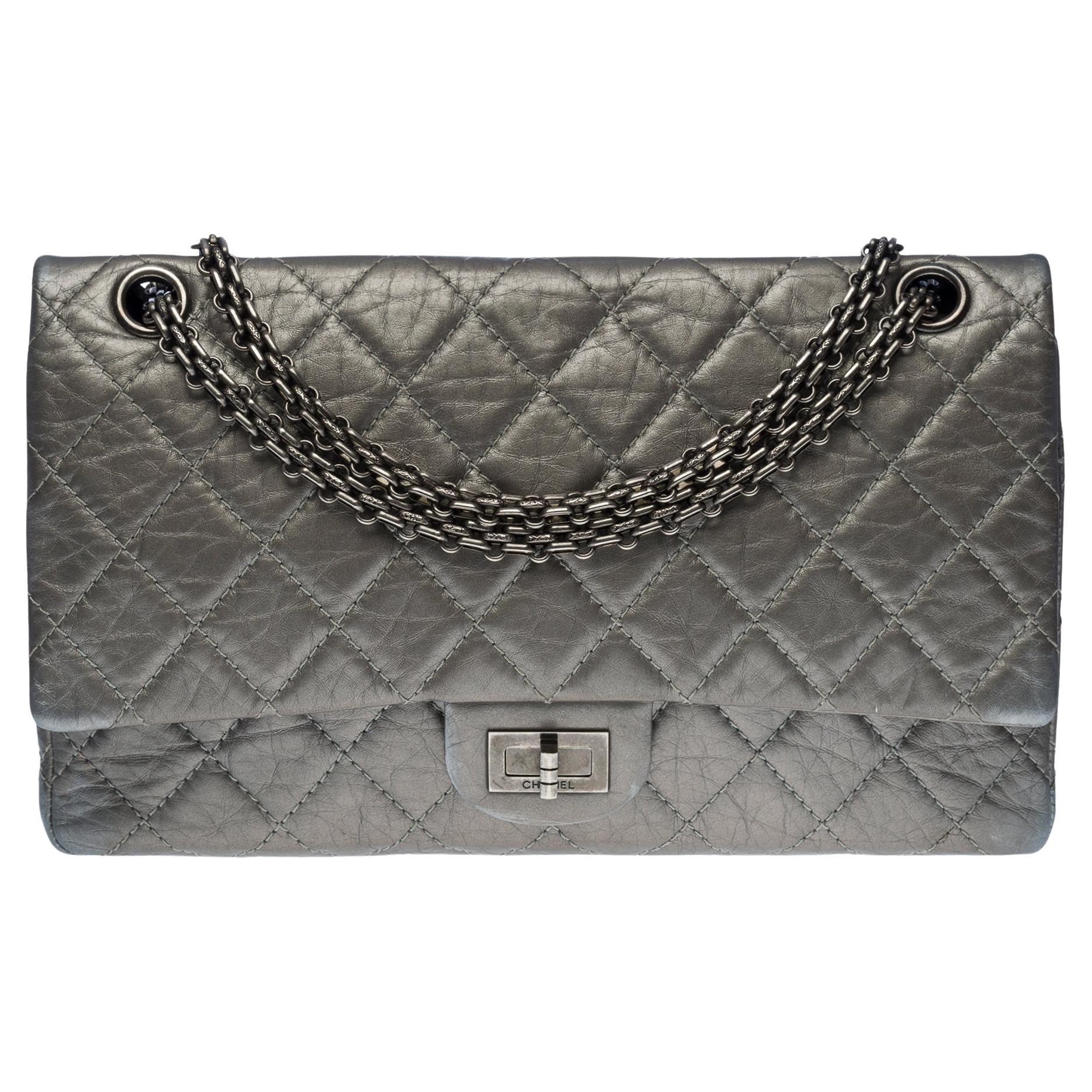 The Chanel 2.55 Classique double flap handbag inquilted leather with metallic si For Sale