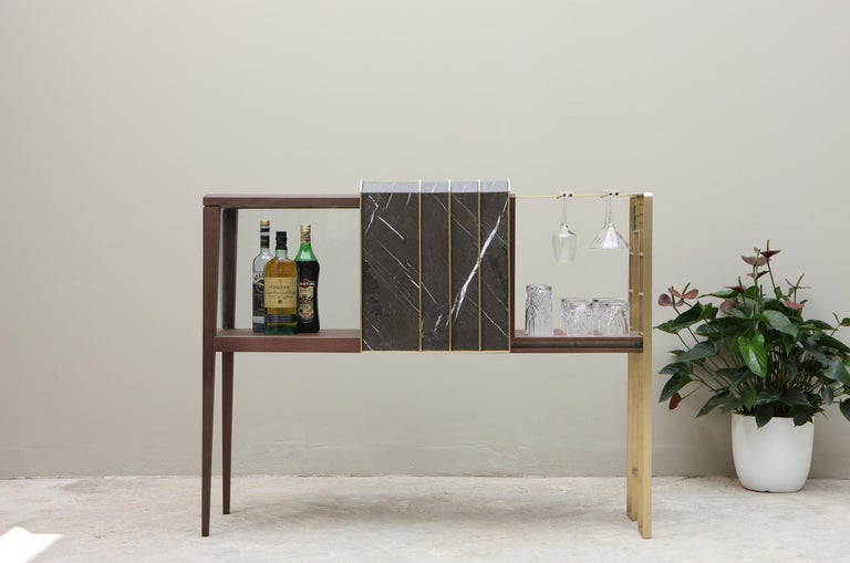Lebanese The Charles Bar in Walnut, Brass, Glass and Pietra Grey Marble by Studio A For Sale