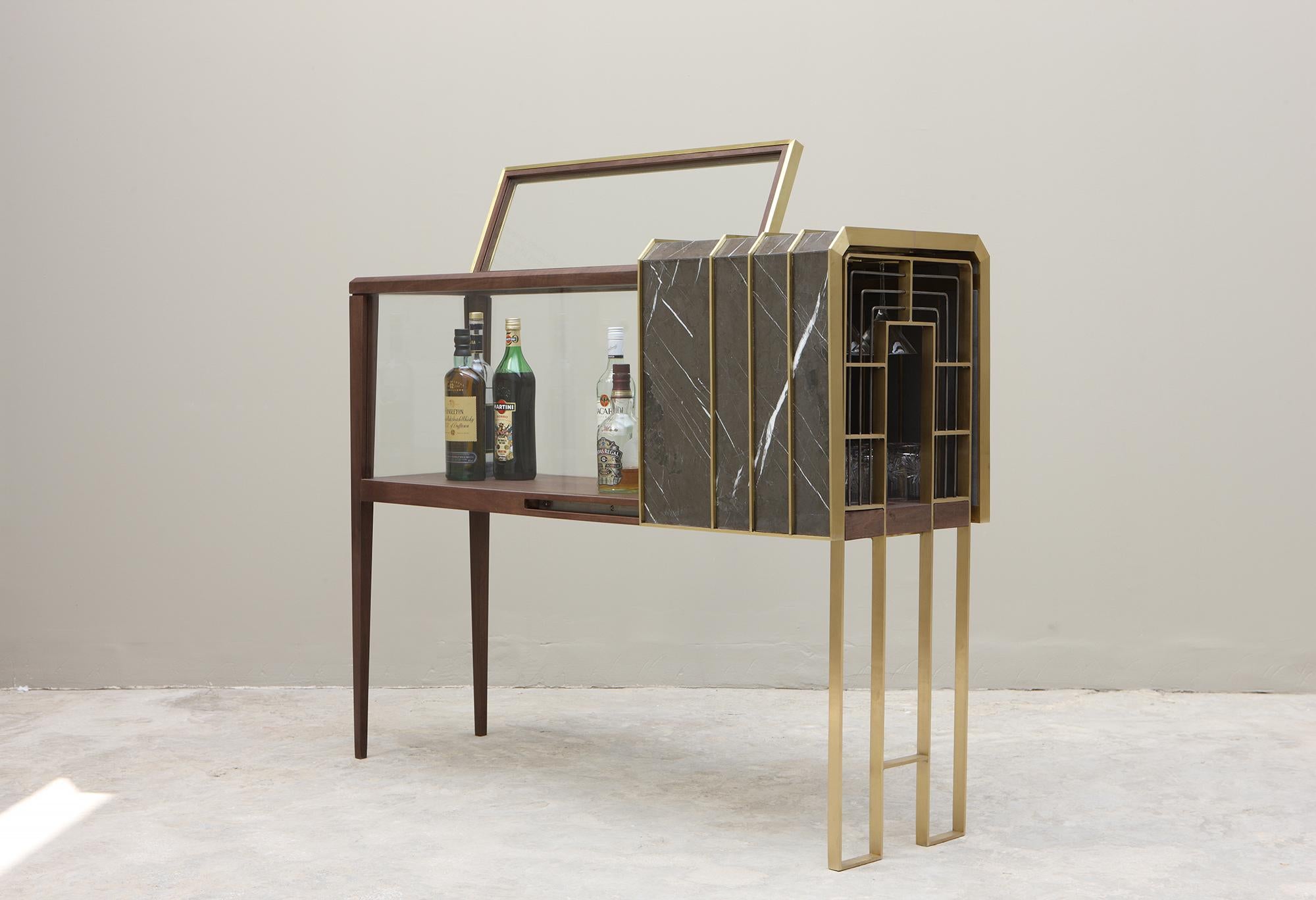 Other The Charles Bar in Walnut, Brass, Glass and Pietra Grey Marble by Studio A For Sale