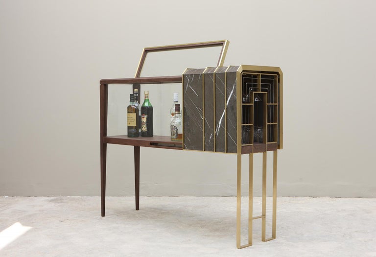 The Charles Bar in Walnut, Brass, Glass and Pietra Grey Marble by Studio A In New Condition For Sale In Firenze, IT