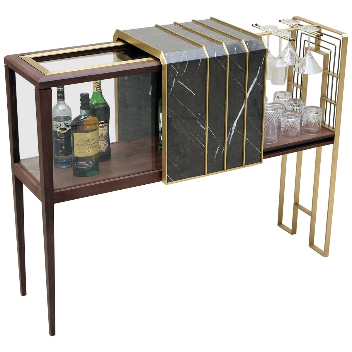 The Charles Bar in Walnut, Brass, Glass and Pietra Grey Marble by Studio A For Sale
