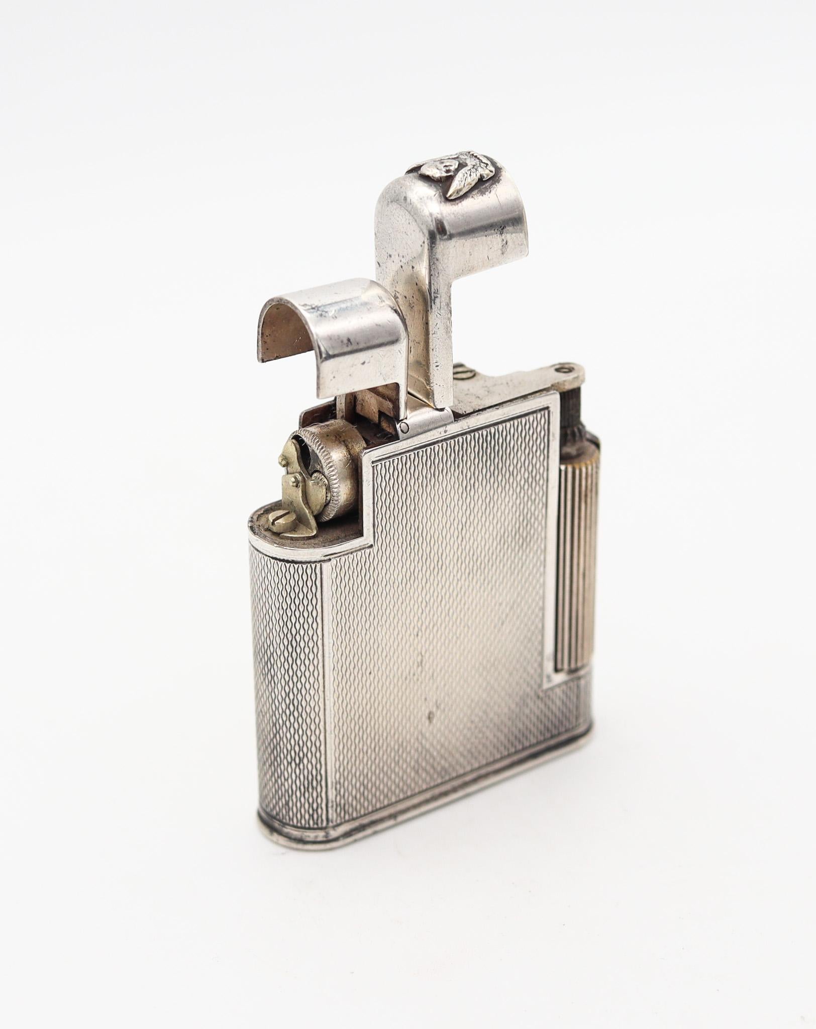 The Charles petrol lighter designed by Meyer Maximilian Levene

An exceptional and rare silver-plated 'The Charles' petrol pocket lighter stamped 'The Charles Lighter', made in London England, back in the 1947. It was rafted with slim rectangular