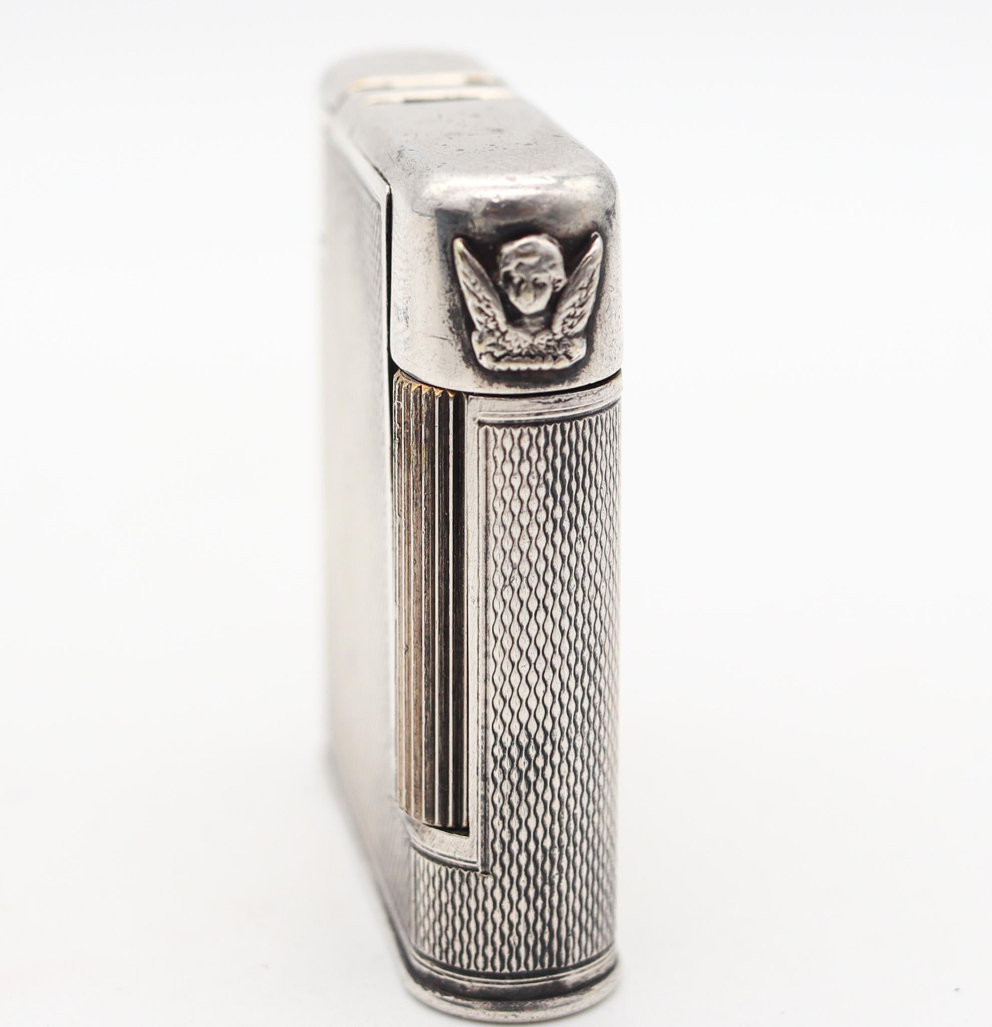 Mid-Century Modern The Charles London 1947 Pocket Petrol Lighter Guilloche Plated Sterling Silver For Sale
