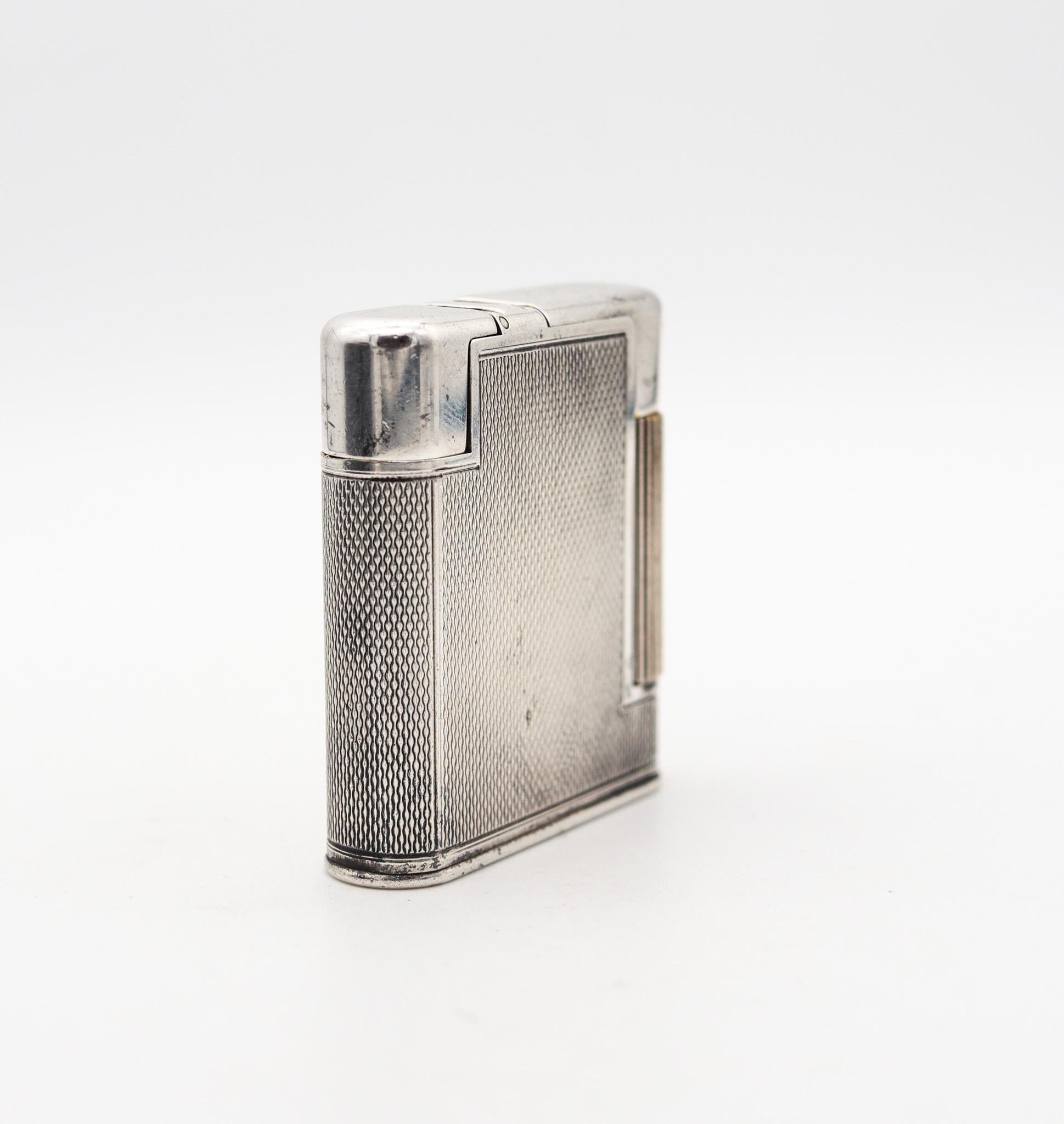 English The Charles London 1947 Pocket Petrol Lighter Guilloche Plated Sterling Silver For Sale